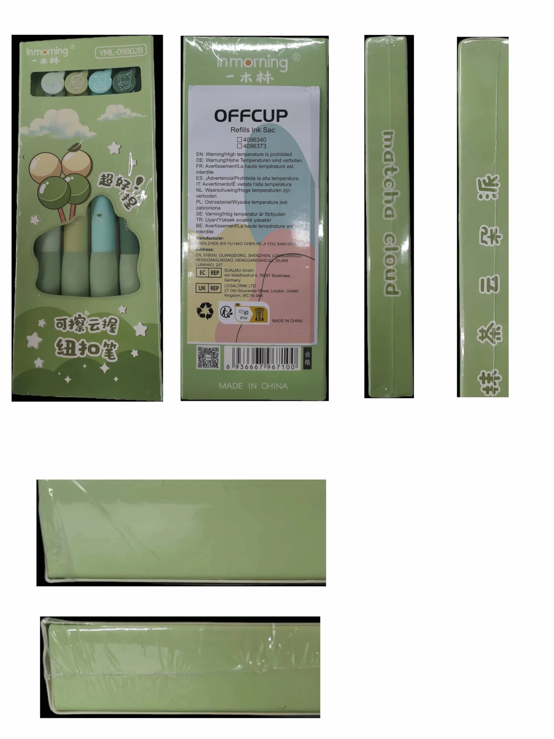OFFCUP Wymazywalne długopisy żelowe, 4 szt., 0,5 mm, niebieskie długopisy żelowe, urocze, chowane pióro kulkowe, dla dzieci i dorosłych, do pisania, stacjonarne, chmura Matcha