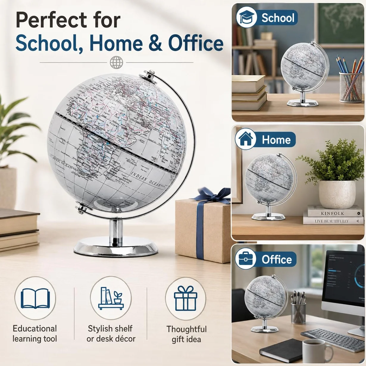 14 cm globus świata srebrny - mini globus edukacyjny/geograficzny/nowoczesna dekoracja biurka - łuk i podstawa ze stali nierdzewnej - srebrnoszary