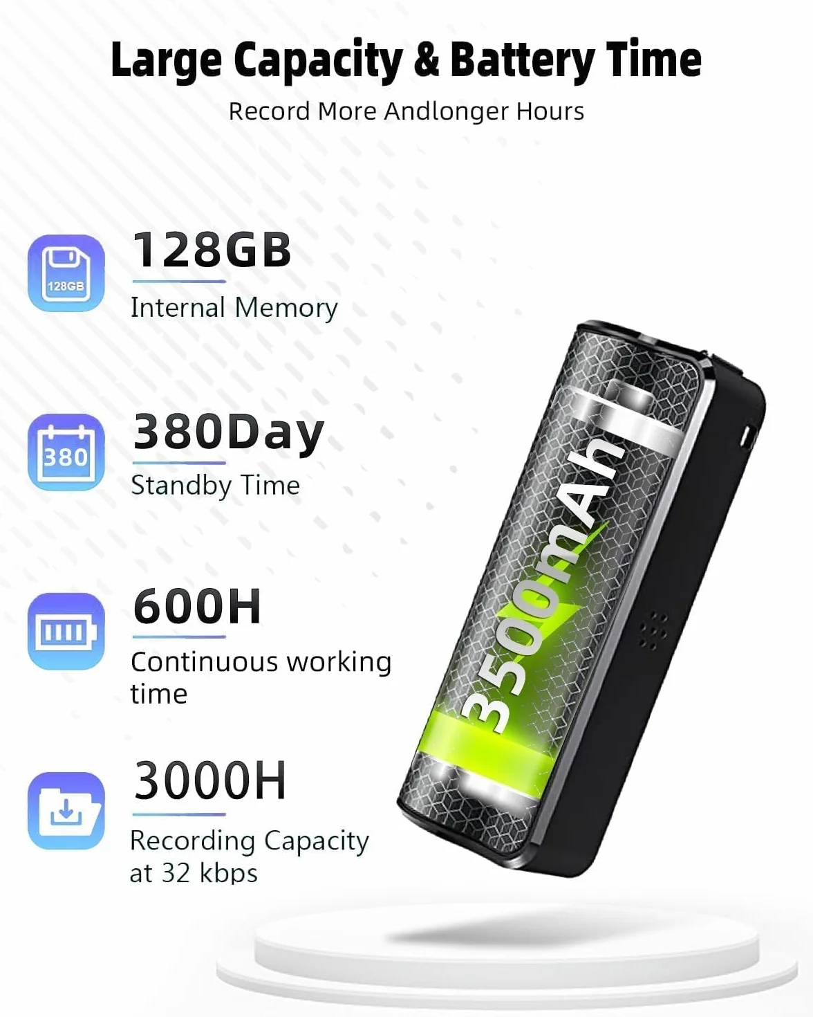 Dyktafon magnetyczny, 128 GB, nagrywarka 30 dni, urządzenie do nagrywania ciągłego nagrywania przez 30 dni, możliwość ponownego ładowania przez USB, nagrywanie jednym dotknięciem, sterowanie głosem
