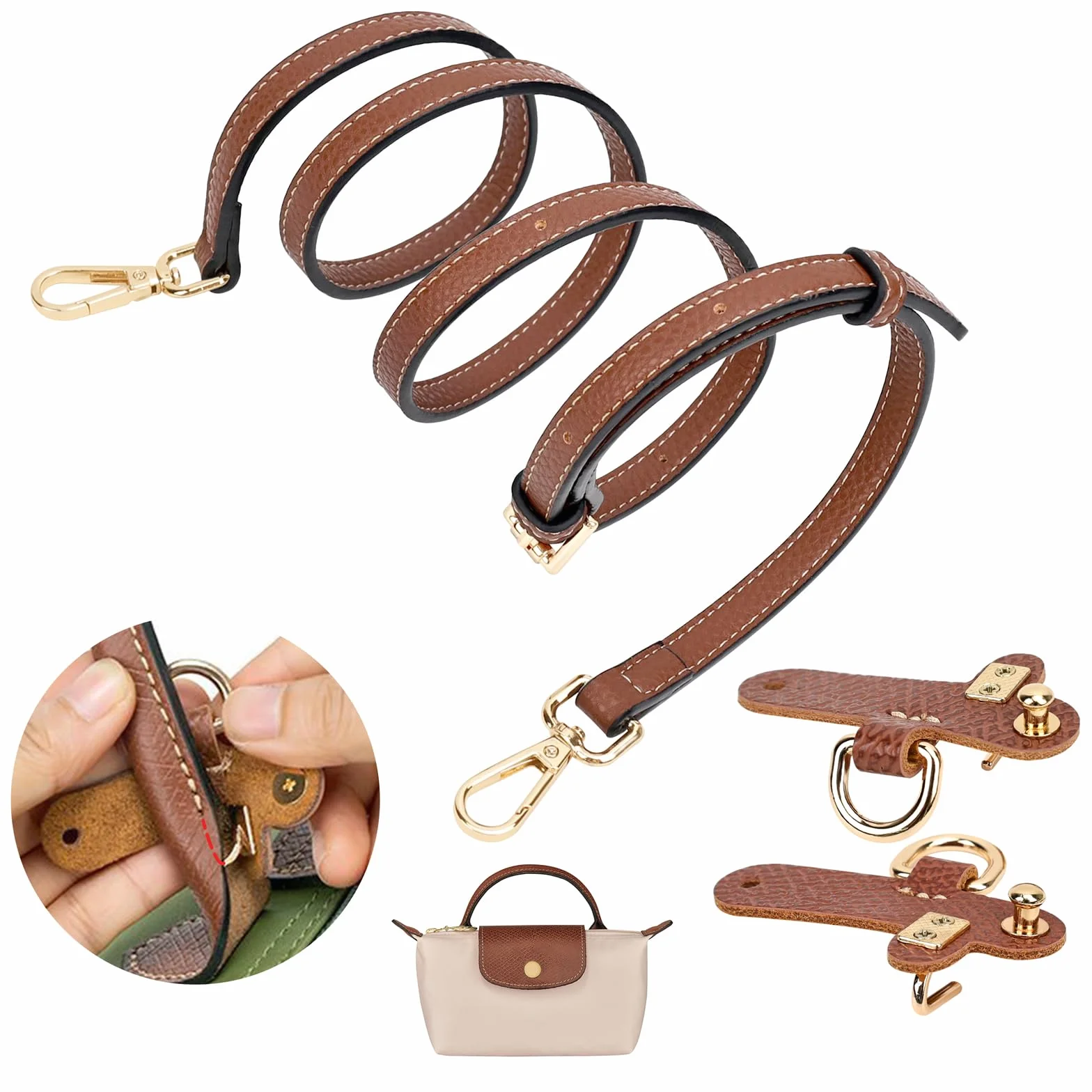 GADITIEK Regulowany pasek na ramię ze skóry do toreb damskich Longchamp – mocniejszy i nie odpada, pasuje do pasków Longchamp Mini Bag Straps i paska do torebki – szerokość: 1,2 cm (brązowy)