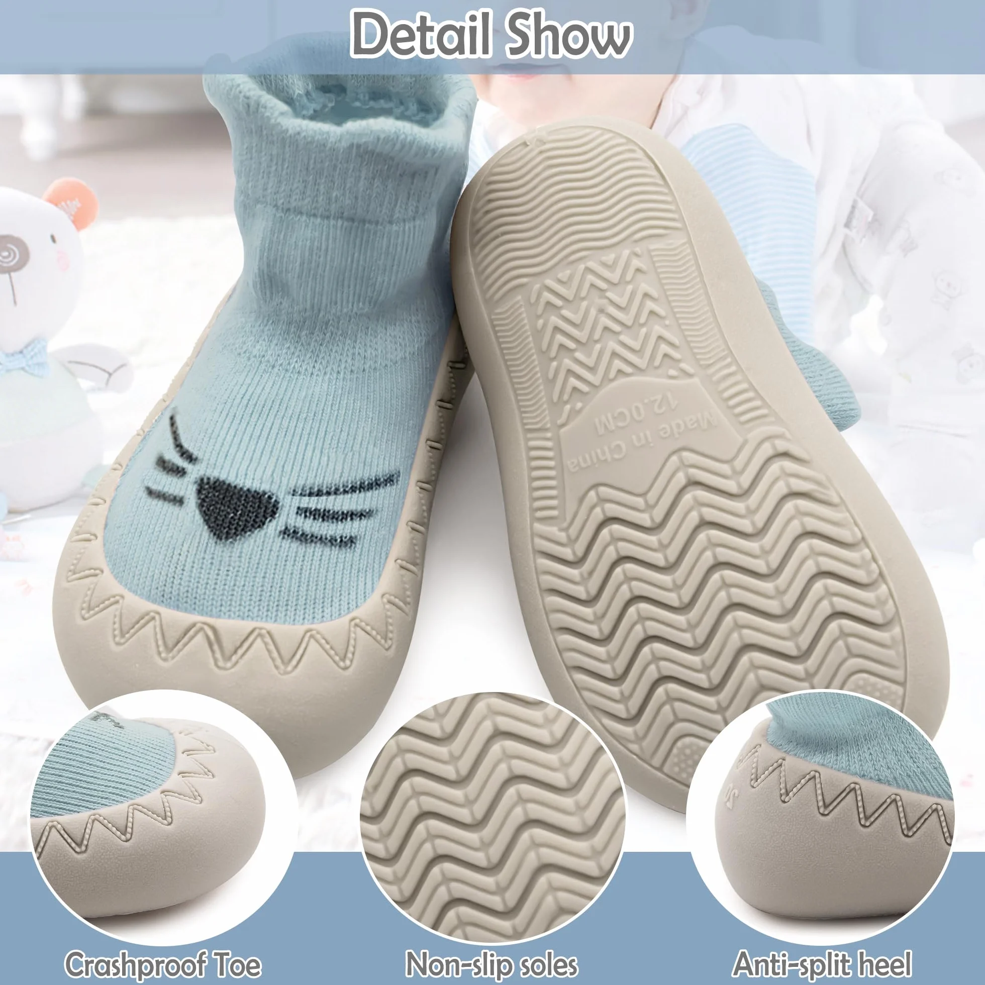 JinBei Skarpety dziecięce, antypoślizgowe, gumowa podeszwa, buty do nauki chodzenia, słodkie, dla małych dzieci, miękka podeszwa, antypoślizgowe, buty dla chłopców i dziewczynek, 6-24 miesięcy
