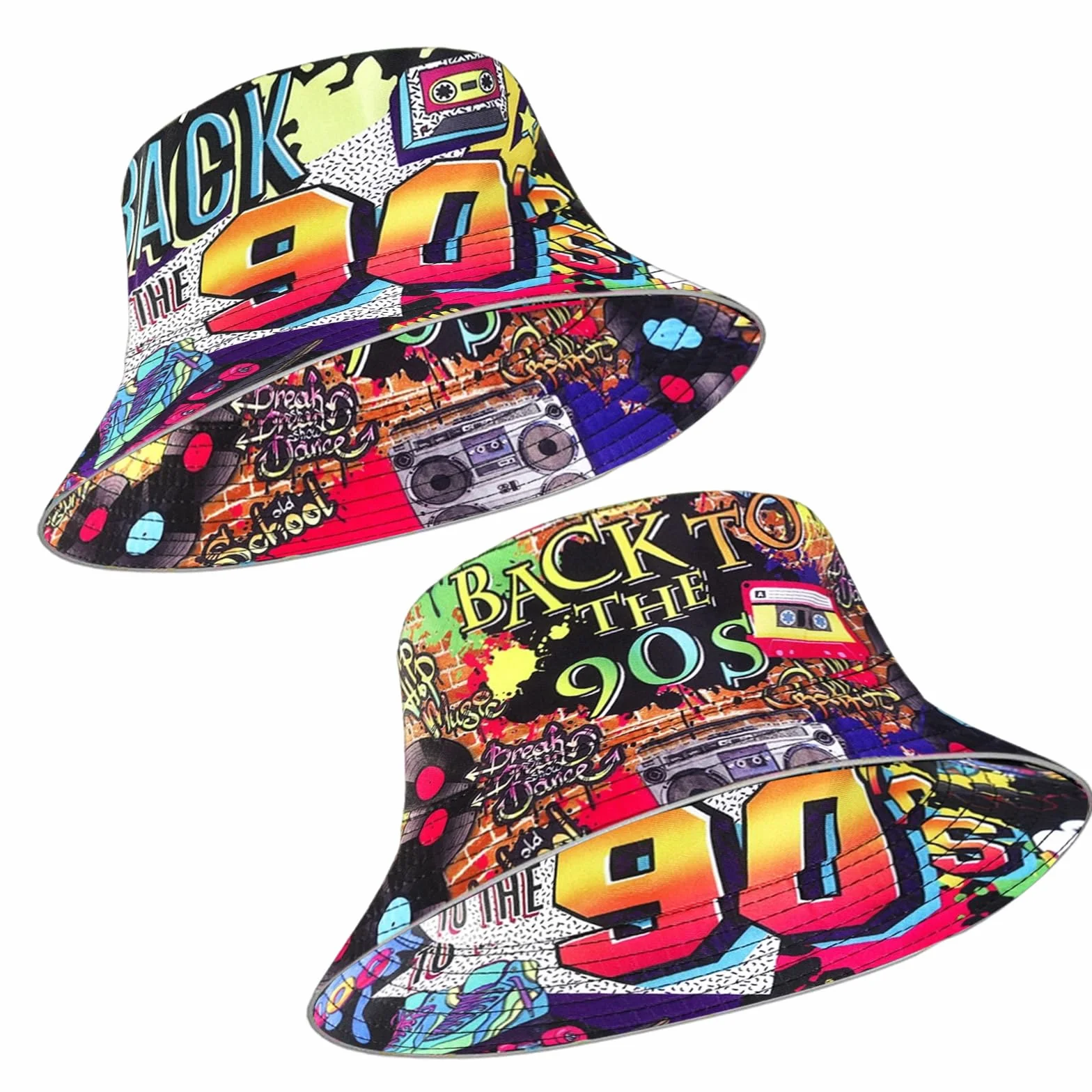 Zestaw 2 czapek rybackich w stylu lat 90., Hip Hop Bucket Hat Hat składany, dwustronny kapelusz rybacki, uniseks, retro, modne akcesoria z lat 90. dla kobiet i mężczyzn