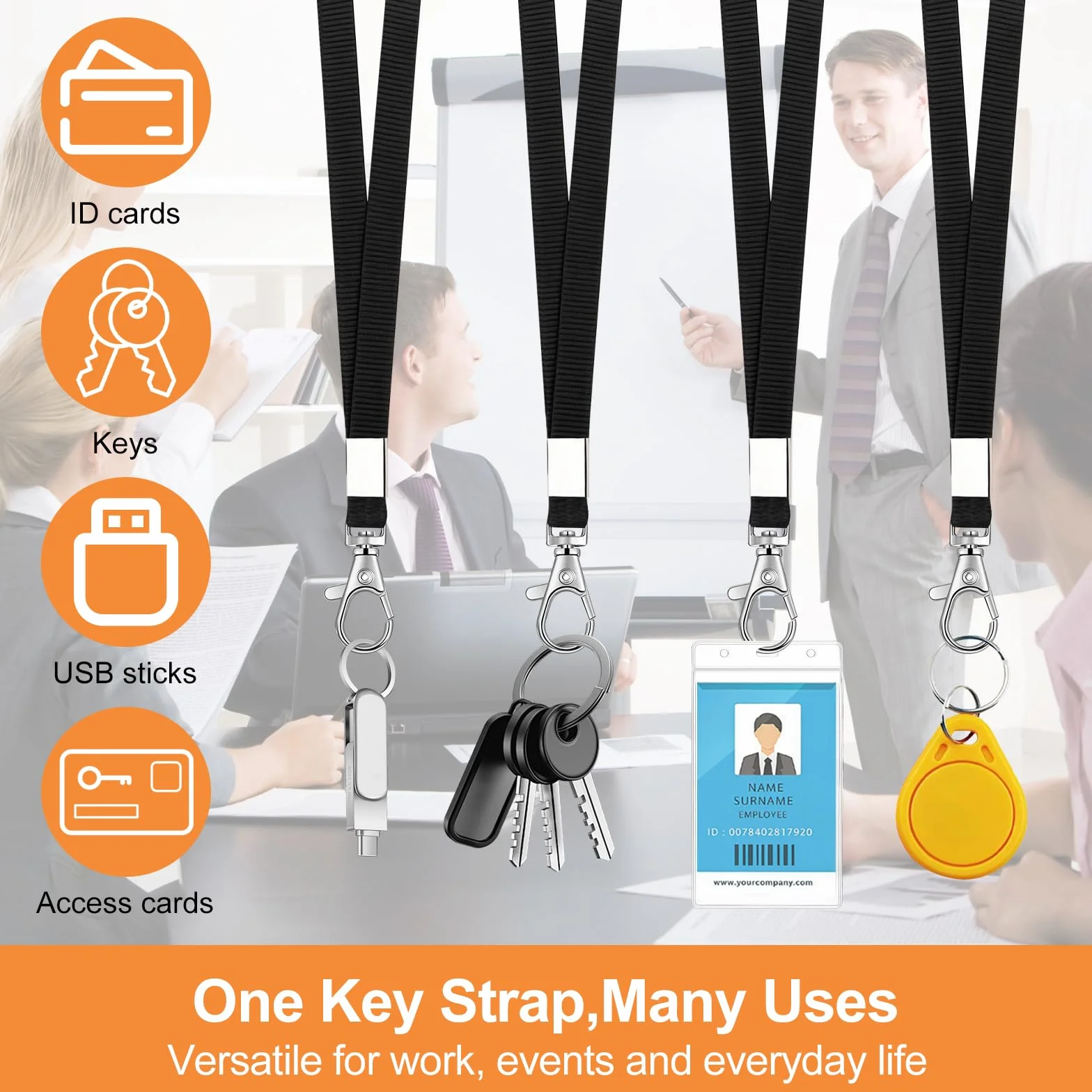 Smycz do kluczy, 100 sztuk, czarne, 46 cm, do zawieszenia, na dowód osobisty, z metalowym obrotem, na klucze, telefon komórkowy, portfel, uchwyt na dowód osobisty, USB, Pendrive