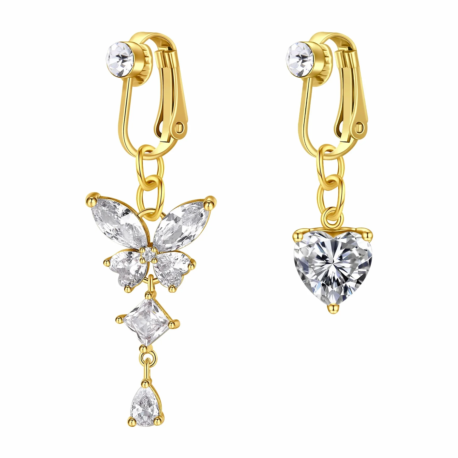 Fałszywy kolczyk do pępka ze stali chirurgicznej Fałszywe Belly Ring Clip On Dangly Belly Piercing biżuteria CZ serce motyl pręty pępek dla kobiet dziewcząt