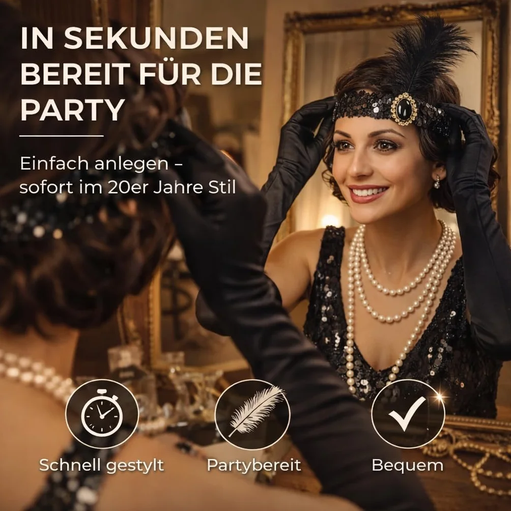 TK Gruppe Timo Klingler Zestaw 20 damskich kostiumów - Charleston Accessories Great Gatsby z rękawiczkami, naszyjnik, opaska na czoło, czarna karnawał i karnawał