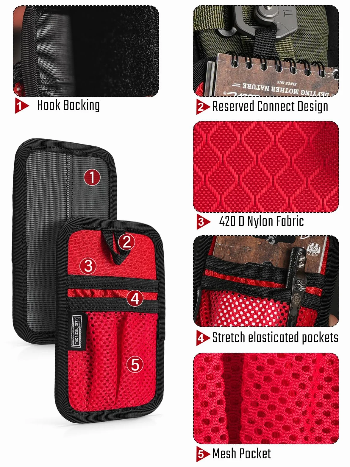 TACTICAL_GEEK TCM4 Mini tablica organizacyjna EDC, akcesoria do plecaka z gładkim hakiem tylnym panelem, panel modułowy z otwartą kieszenią i kieszenią siatkową, czerwony
