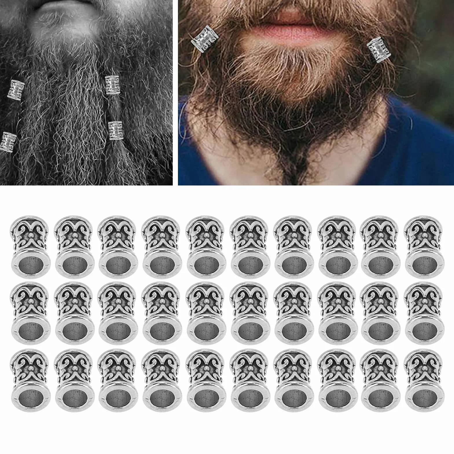 30 Sztuk Koraliki do Włosów Koraliki do Brody Koraliki do Oplatania Norse Viking Koraliki, Koraliki do Włosów Stop Retro Dredy do Włosów Koraliki Akcesoria do Oplatania Włosów(Srebro)