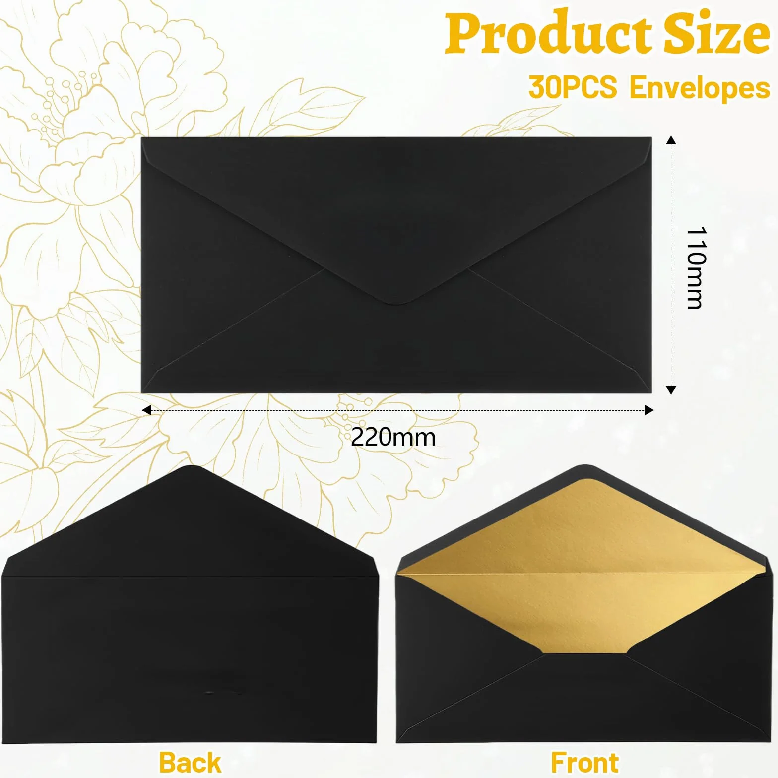30 szt. koperty, 220x110mm, koperty z klejeniem na mokro, bez okienka, z złotym metalicznym wnętrzem, koperta z klejeniem na mokro na kartki urodzinowe, zaproszenia, kartki z życzeniami (czarne)