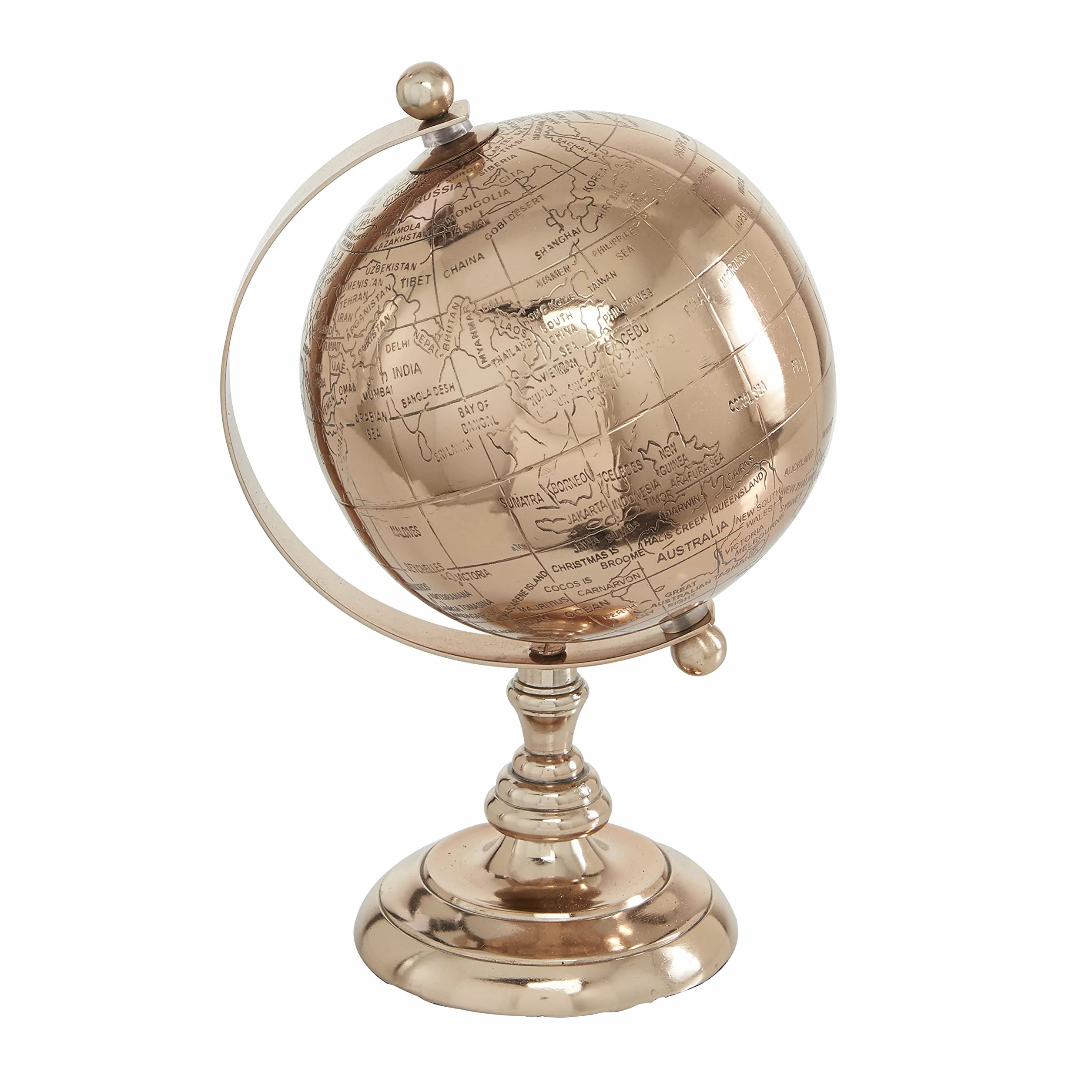 Deco 79 Tradycyjny aluminiowy globus edukacyjny, geograficzny, nowoczesna dekoracja biurka - do szkoły, domu i biura, 15 cm dł. x 15 cm szer. x 25 cm wys., różowe złoto
