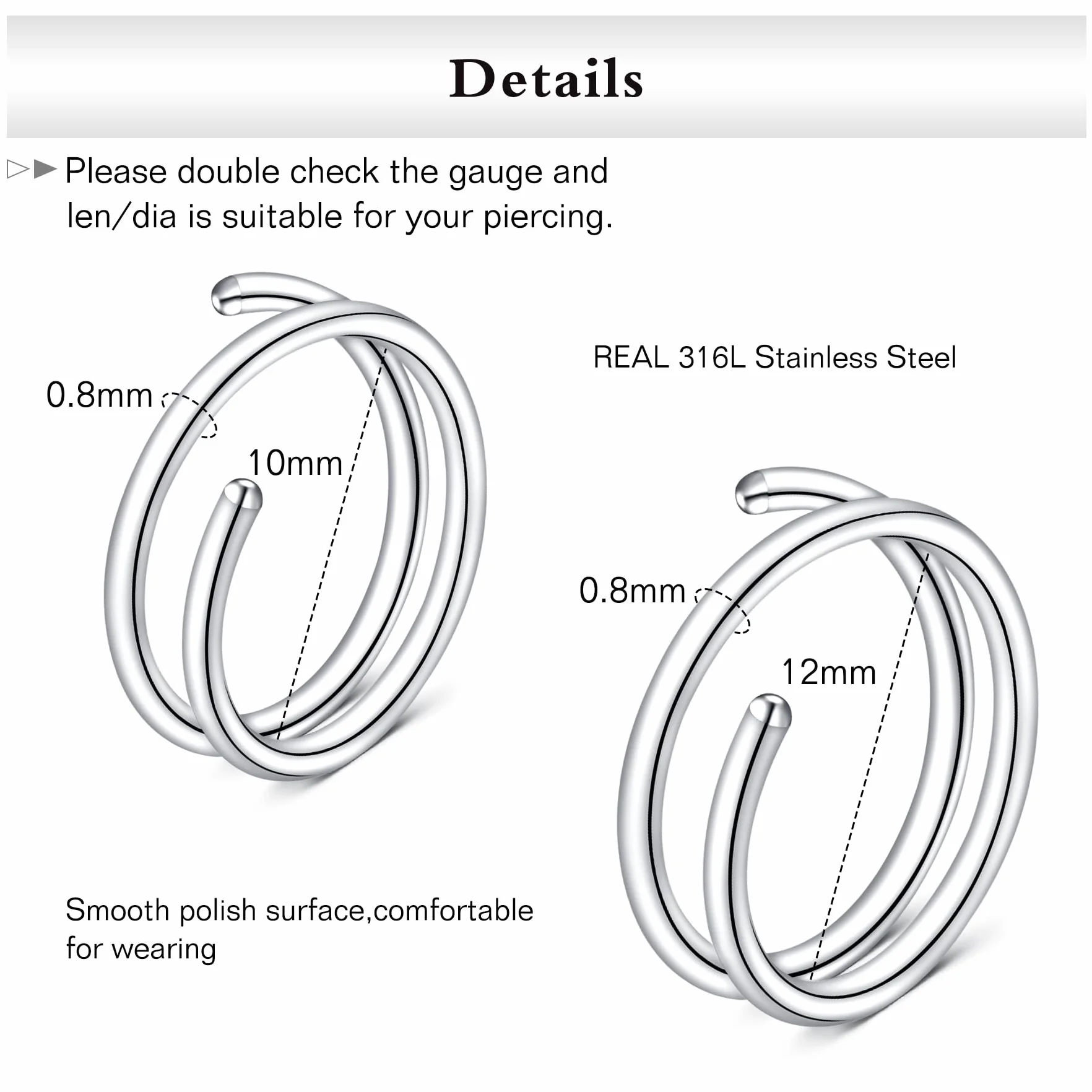 FECTAS Pierścionek do nosa 20 g, srebrny, złoty, czarny, kolczyk do nosa, 8 mm, 10 mm, 12 mm, hipoalergiczny kolczyk do nosa ze stali nierdzewnej, grubość 0,8 mm, 7 mm, kolczyk do nosa z cyrkonią