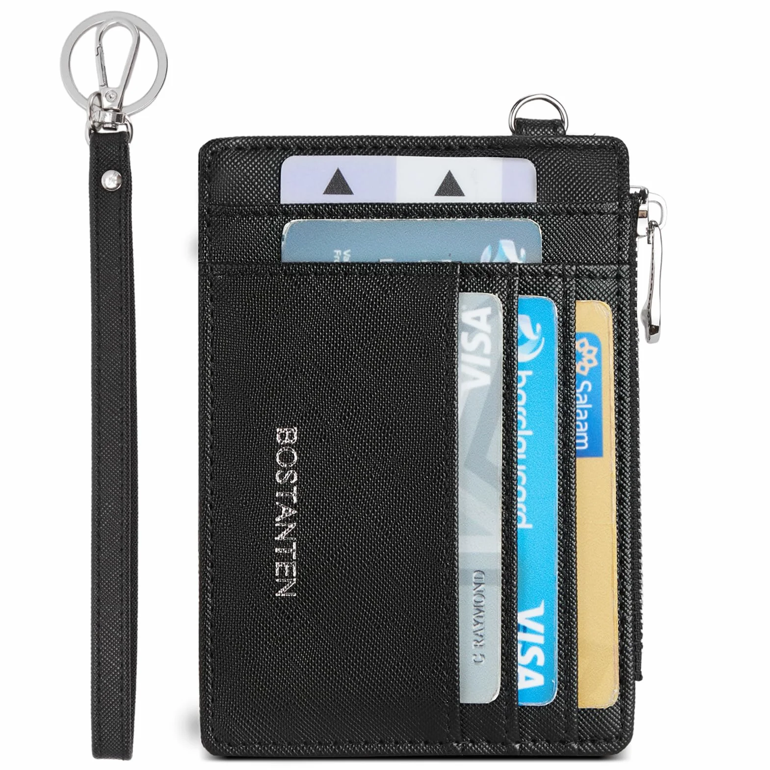 BOSTANTEN Damski mały portfel na karty kredytowe, ochrona RFID, portfel damski z breloczkiem do kluczy, mini portfel damski, 3201-czarny, 21 x 2 x 12 cm, portfel rfid