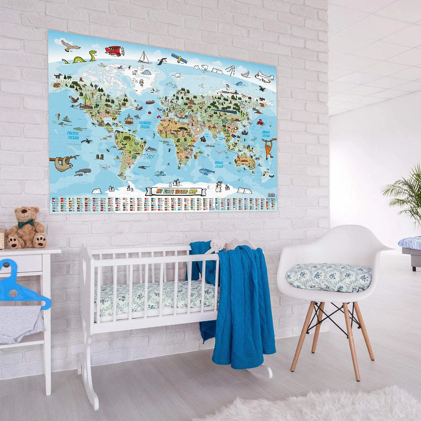 Towar + gadżety - panoramiczna mapa świata dla dzieci w rozmiarze XXL - 140 x 100 cm, całkowicie ręcznie rysowana i kolorowana (Angielski)
