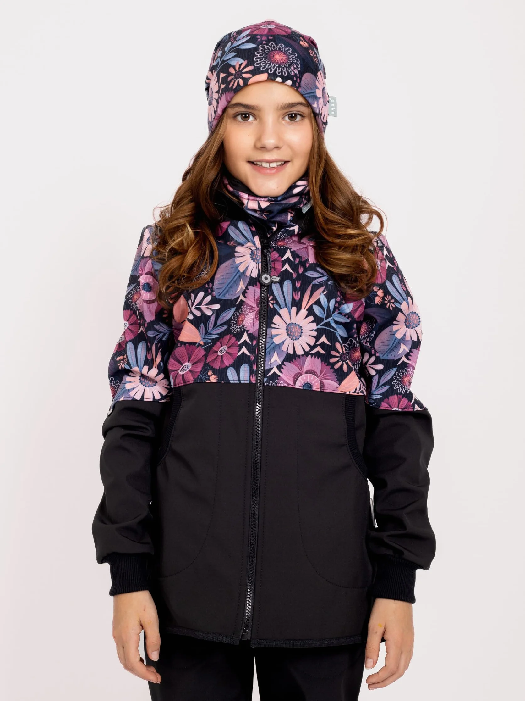 Dziewczęcy płaszcz softshell z polaru Street, czarny, magiczne kwiaty