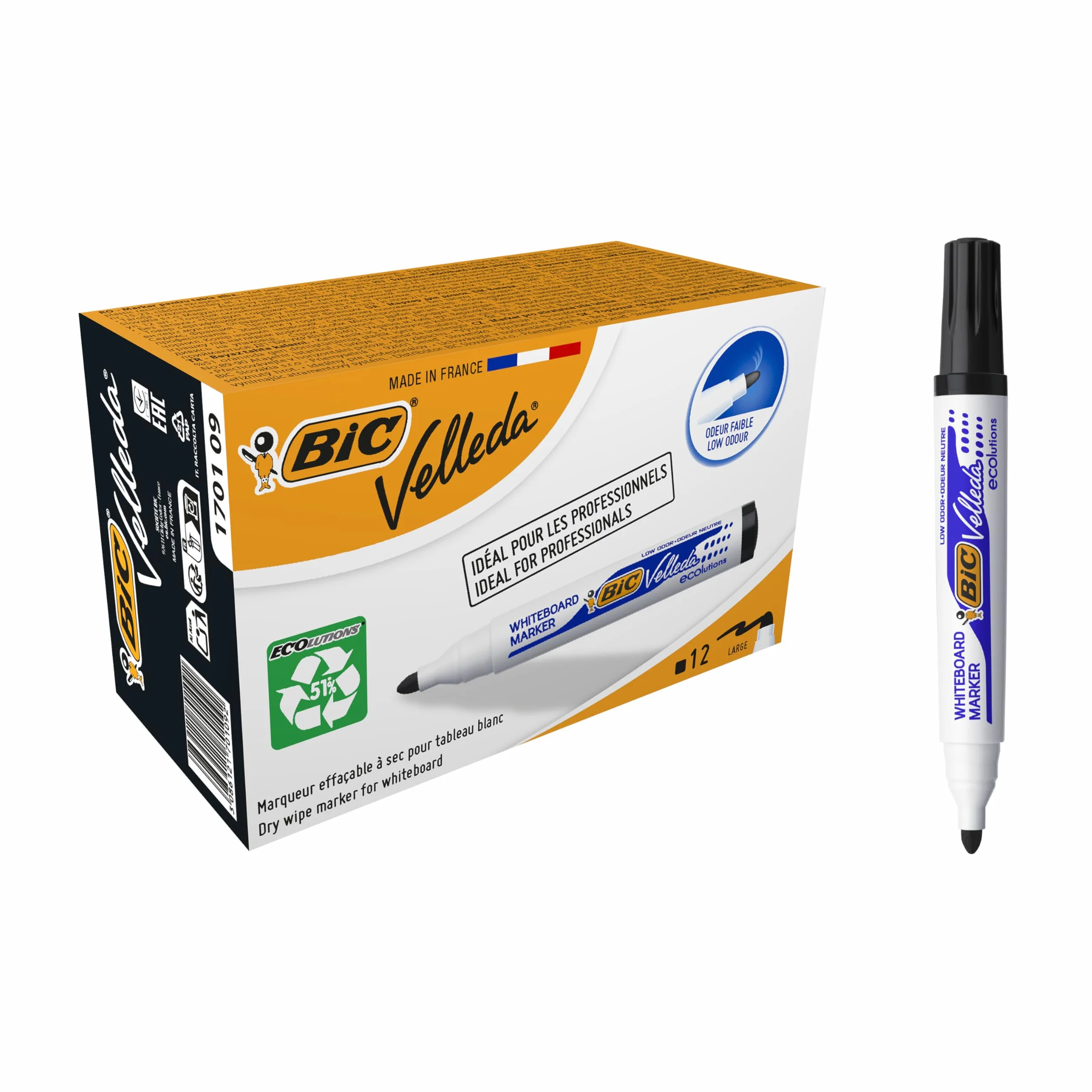BIC Velleda Ecolutions 1701 Marker suchościeralny czarny okrągła końcówka Pudełko 12szt