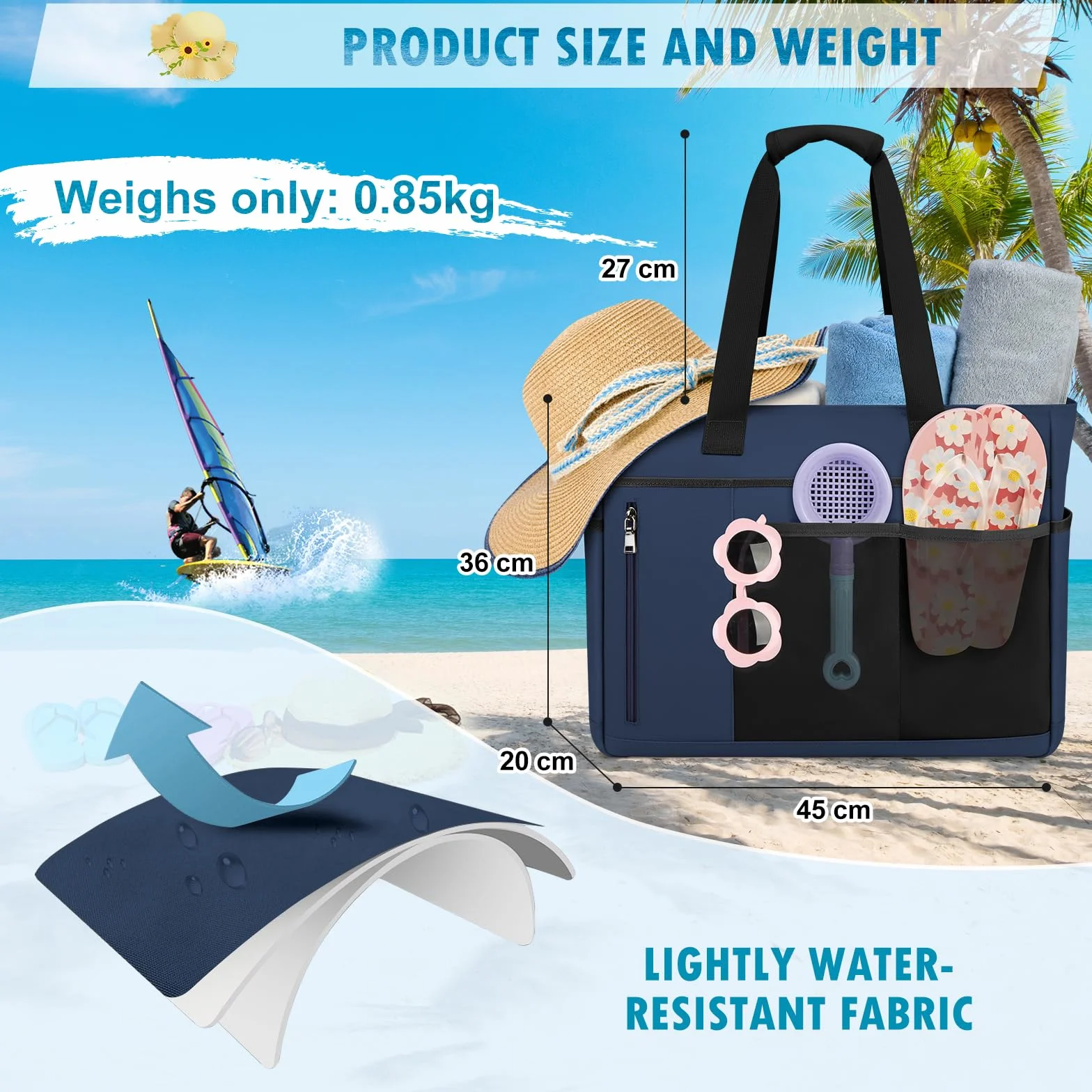 RAINSMORE Torba plażowa XXL, rodzinna torba kąpielowa, z zamkiem błyskawicznym, duża, damska, wodoszczelna, z siateczki, 40 l, damska torba do pływania, na plażę, podróże