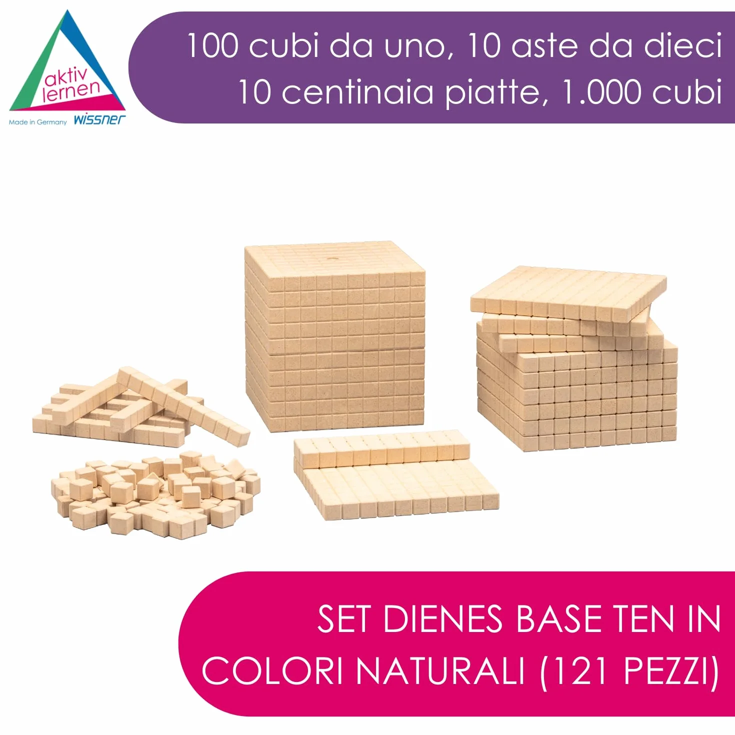 WISSNER® aktiv lernen - Dienes Grundsortiment do liczenia dziesiętnego 121 elementów - RE-Wood®