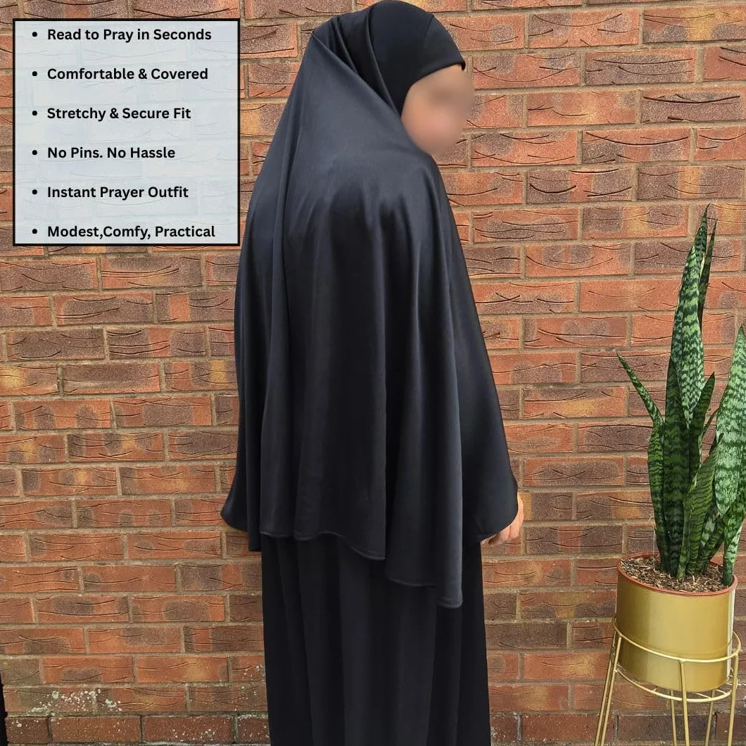 Zestaw modlitewny dwuczęściowy (khimar + spódnica) jeden rozmiar wciągana chusta na głowę elastyczna lycra idealna na co dzień/do domu/pracy/podróży/hadżdż/umrah/meczet/madrasa/ramadan/eid/prezent
