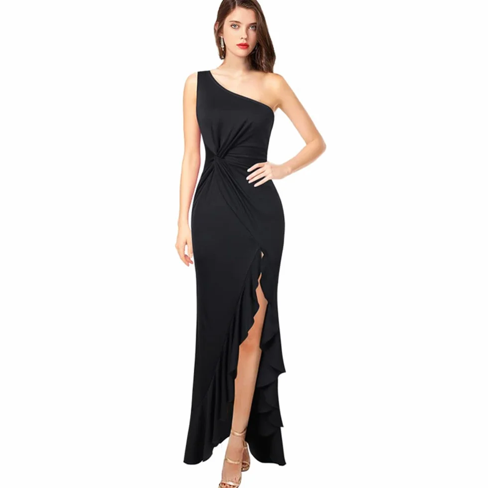 Elegancka sukienka damska, długa sukienka wieczorowa, jedno ramię, jednolity kolor, wysoka sukienka z rozcięciem, sukienka bez rękawów, seksowna sukienka bodycon, suknie koktajlowe, wesele,