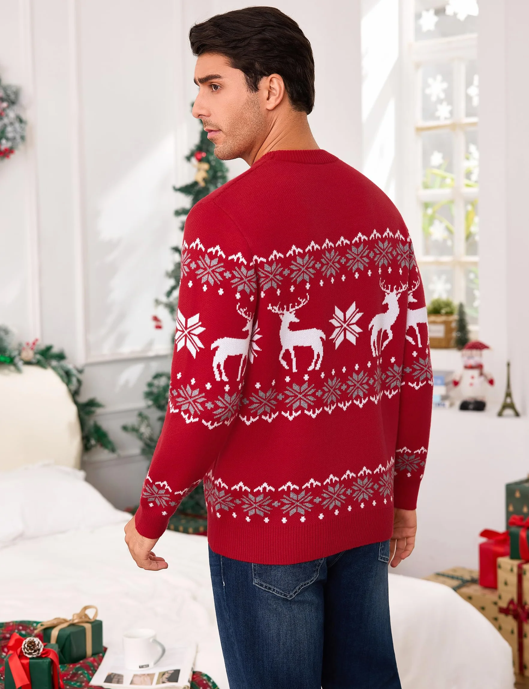 Męski świąteczny sweter zimowy sweter na Boże Narodzenie sweter z dzianiny okrągły dekolt renifer płatek śniegu dzianina S-XXL