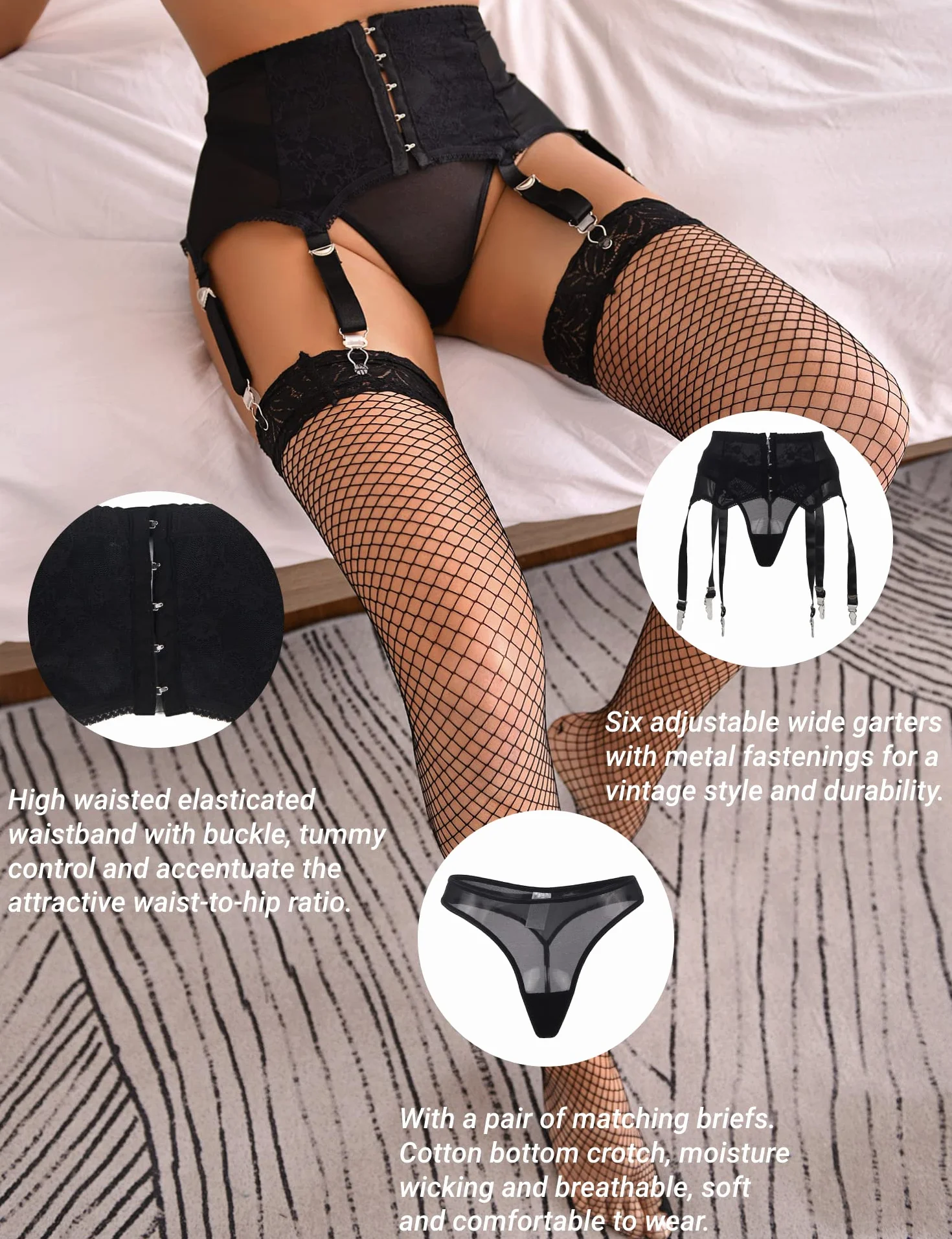 Damski pas do pończoch plus size, oddychający, 6 regulowanych pasków ze stringami