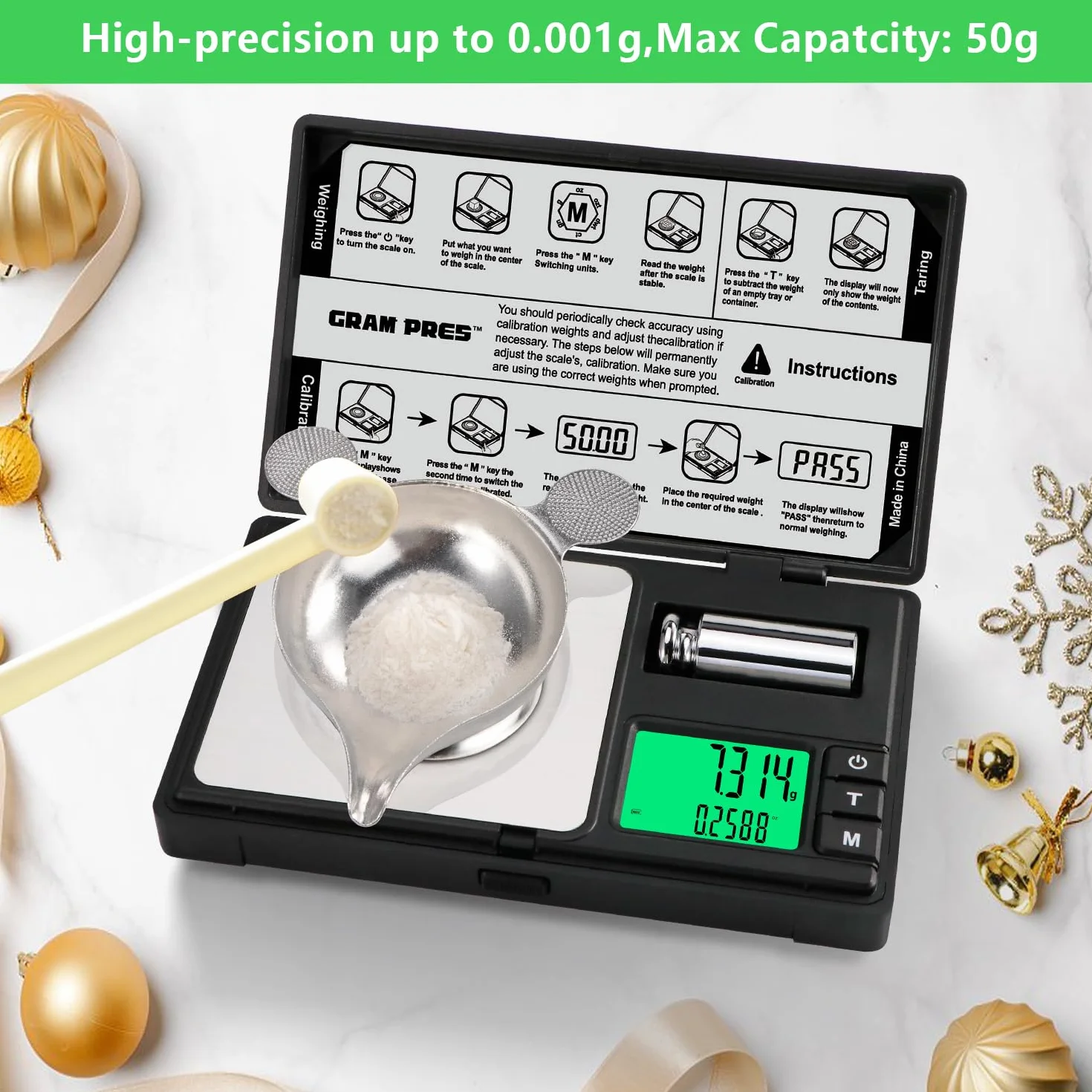 GRAM PRES Wysoce Precyzyjna Waga Miligramowa, 50 g/0,001 g, Cyfrowa Mini Kieszonkowa, Do Ważenia Proszków, Biżuterii, Medycyny, Z Wagą Cala, Pęsetą, Tacą