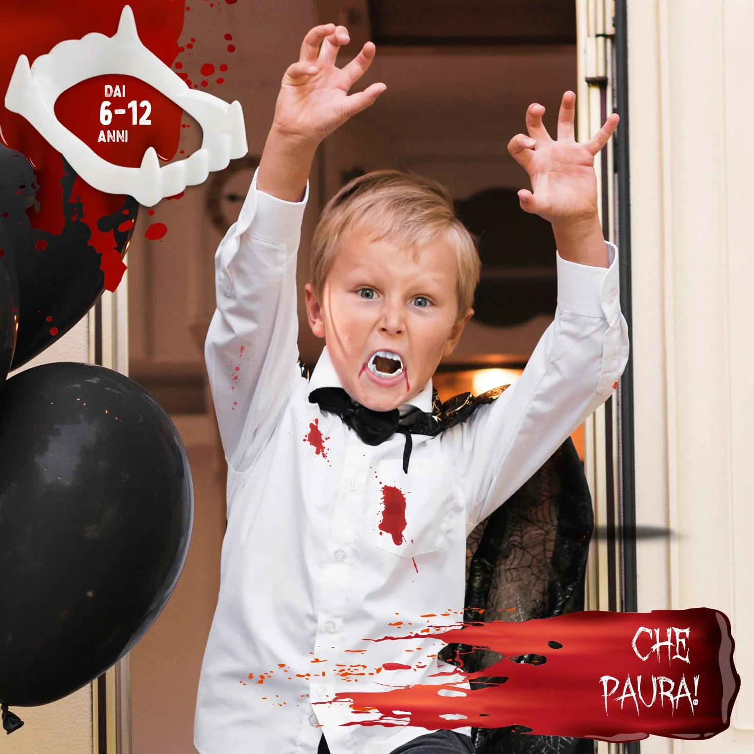 Festicy Zęby wampirów dla 6-12 lat | Zęby wampirów dla dzieci i fałszywej krwi | Kostium Draculli na Halloween, Czerwony