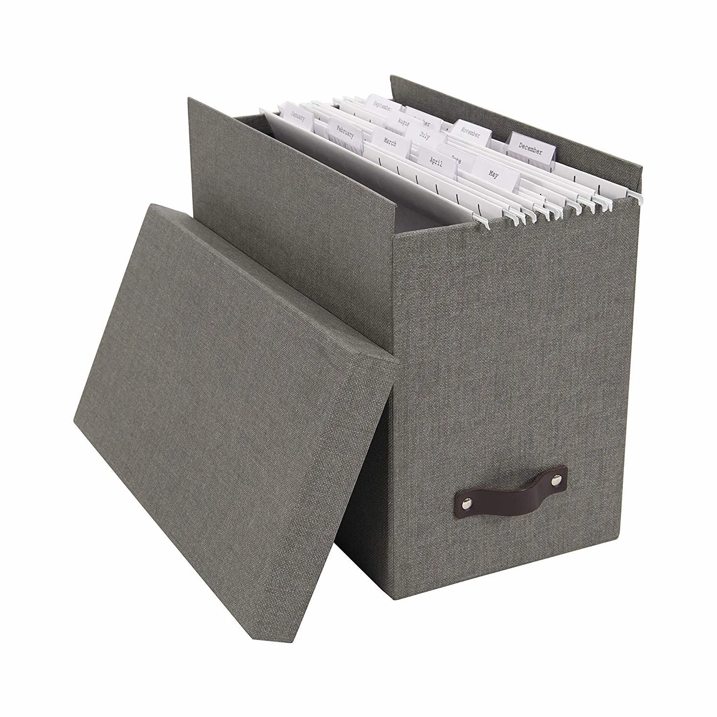 Bigso Box of Sweden Organizer na dokumenty ze stylowym skórzanym uchwytem, organizer o skandynawskim wyglądzie, w tym 8 wiszących plików, pojemnik na teczki z płyty pilśniowej i papieru, szary