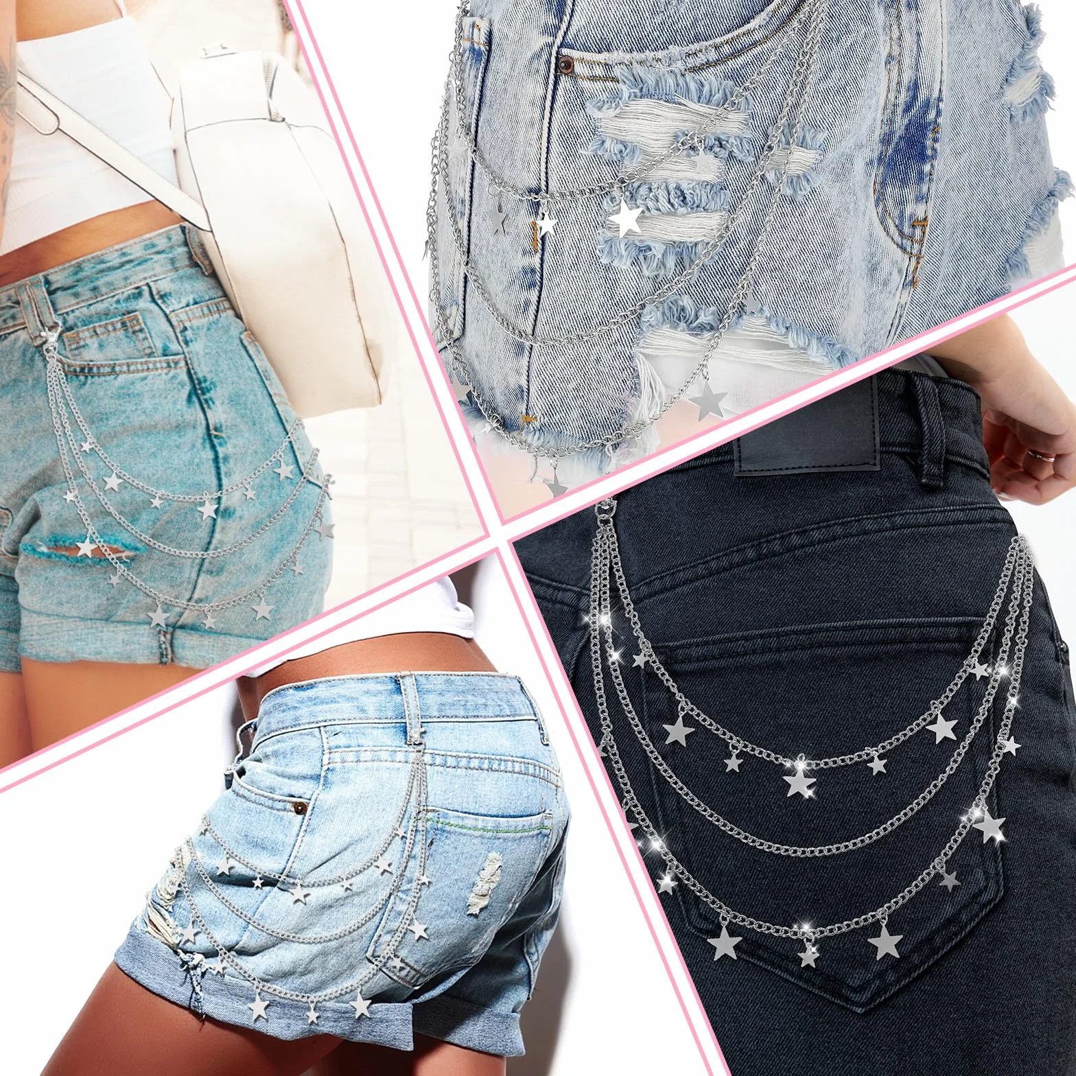 Ouligay Łańcuszek do spodni w stylu vintage, srebrny, gwiazdy, dżinsy, naszyjnik, styl punk, akcesoria Y2k, dla mężczyzn i kobiet, spodnie, sukienka, prezent