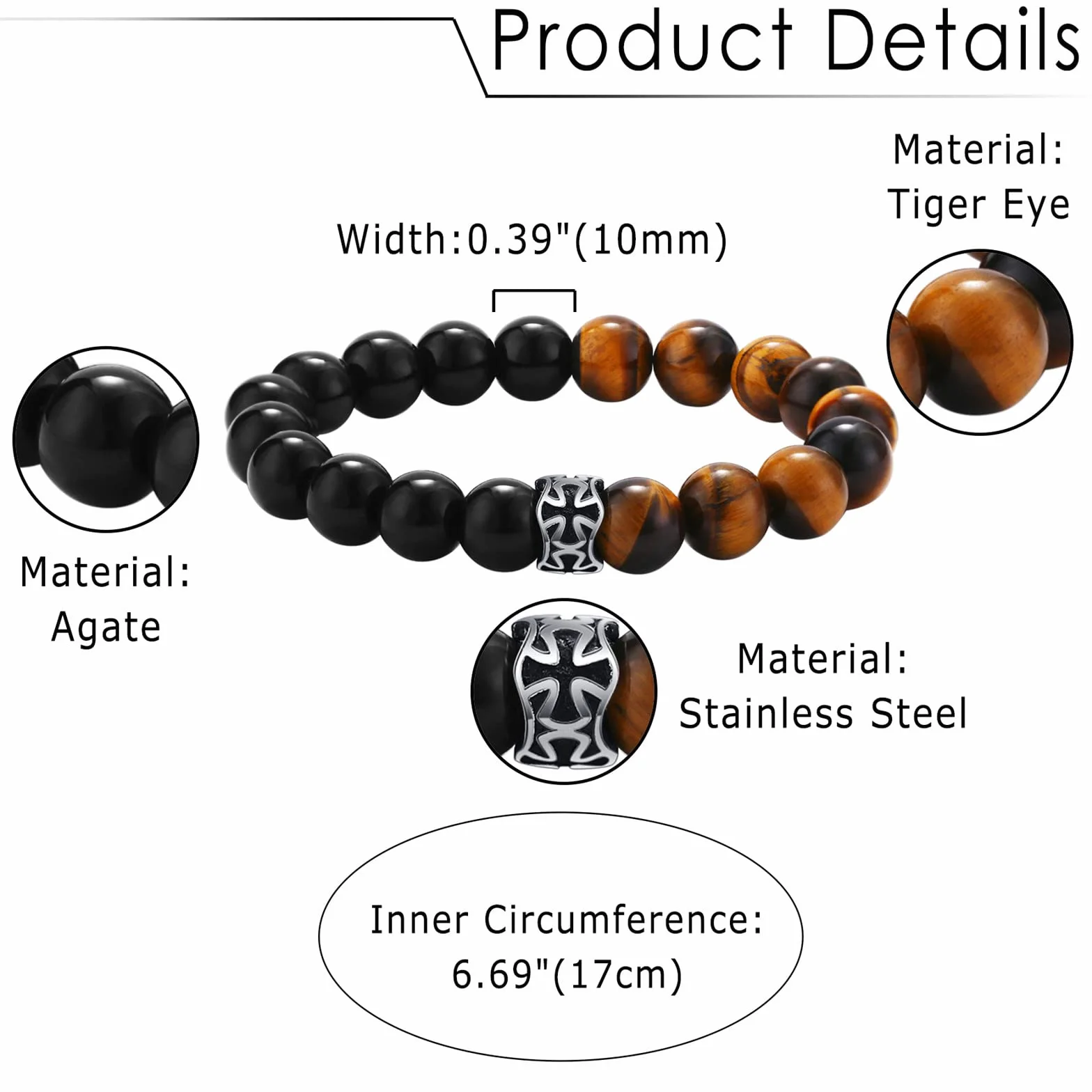 Flongo Męska bransoletka różaniec z zawieszką w kształcie trupiej czaszki, bransoletka z koralikami, kamień tygrysie oko ze stali nierdzewnej, 8 mm/10 mm, bransoletka męska, żółto-czarna