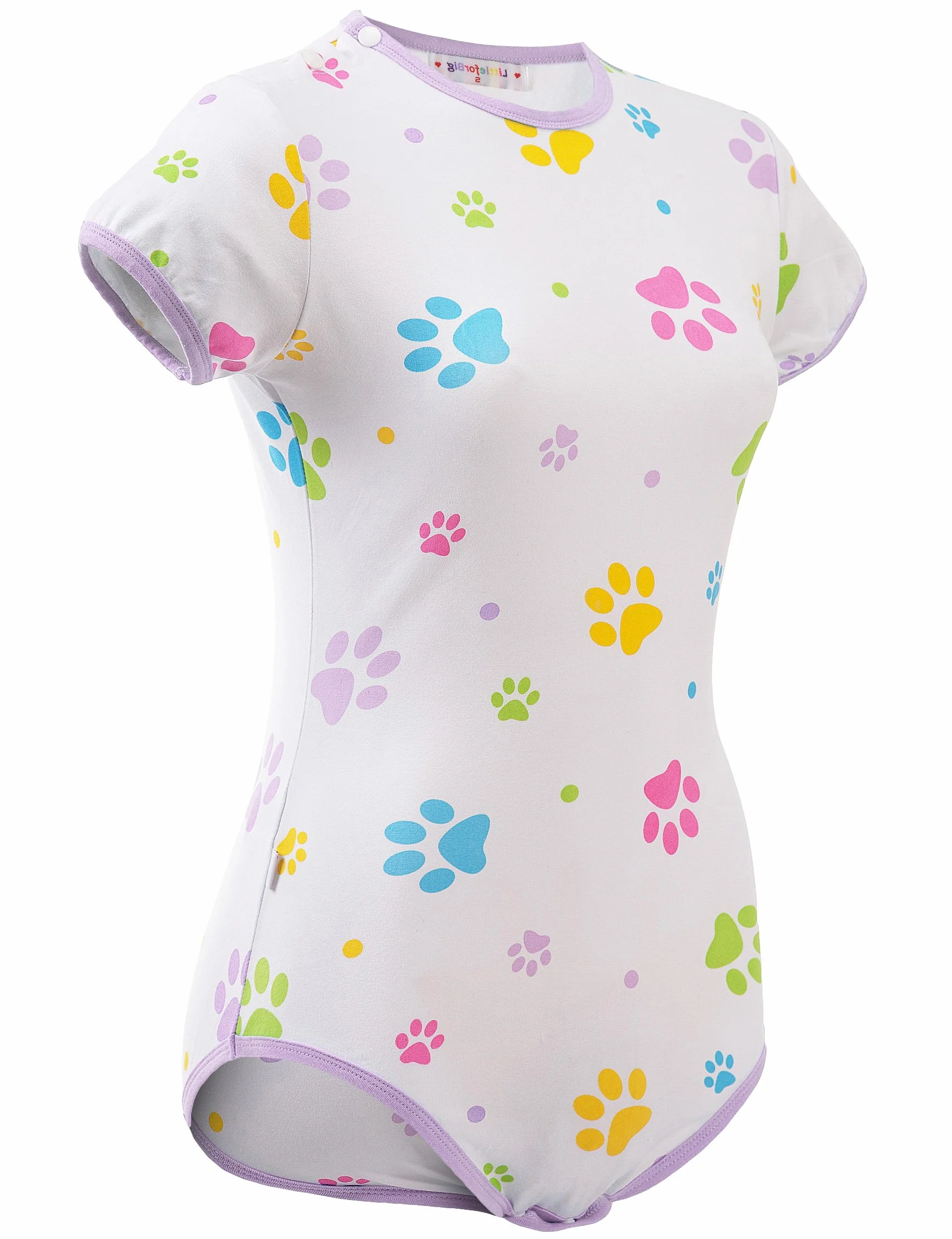 LittleForBig Dorośli Baby miłośnik pieluszek(ABDL) zatrzas w komkroku jednoczęściowy śpioszki-Baby Wydruk łapy Onesie