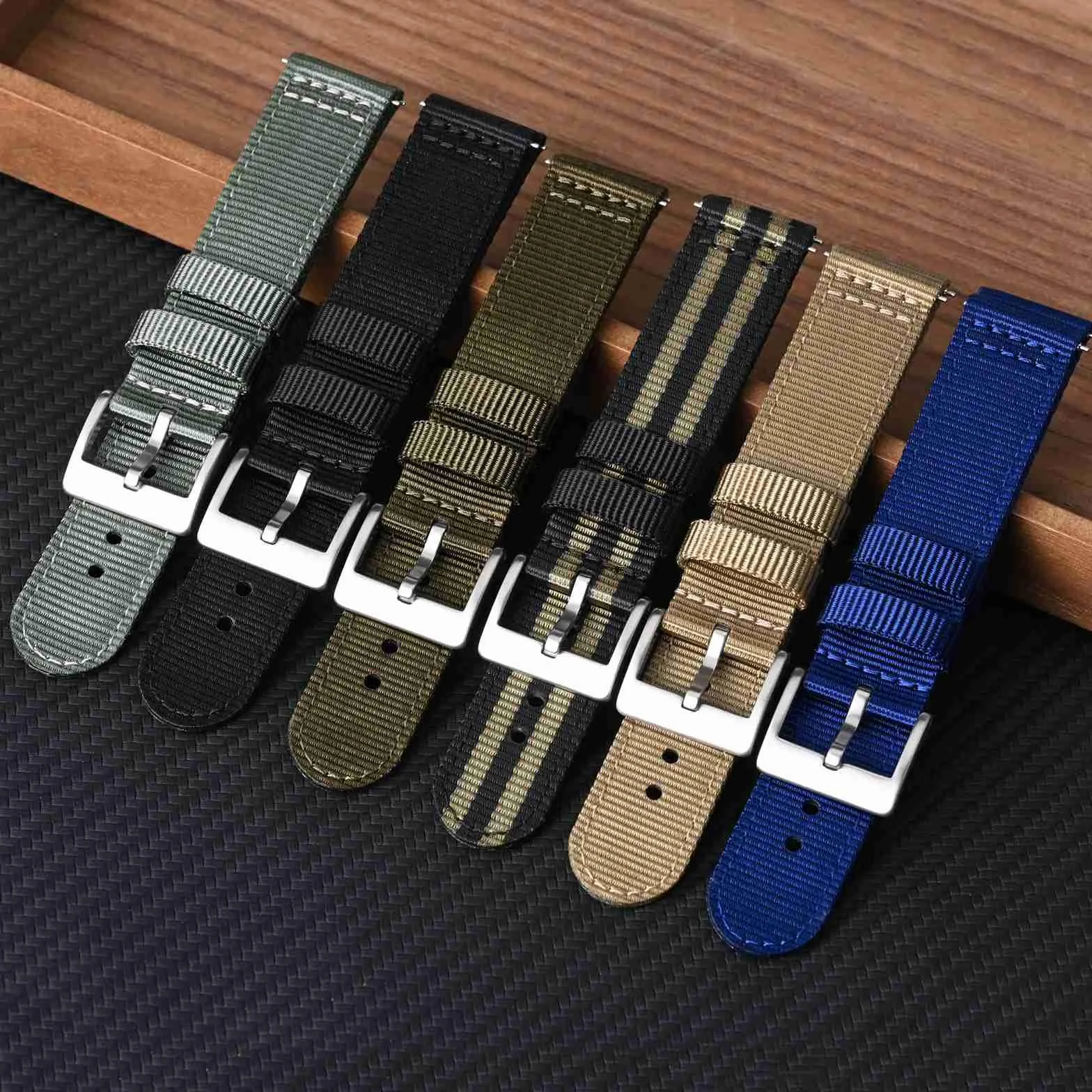 BISONSTRAP Męskie nylonowe paski do zegarków, dwuczęściowe, wojskowe, szybkie zapięcie, szczotkowana klamra, szerokość 18 mm, 19 mm, 20 mm, 22 mm