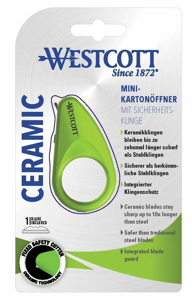 Westcott mini ceramiczny otwieracz do skrzynek z ostrzami zabezpieczającymi - zielony