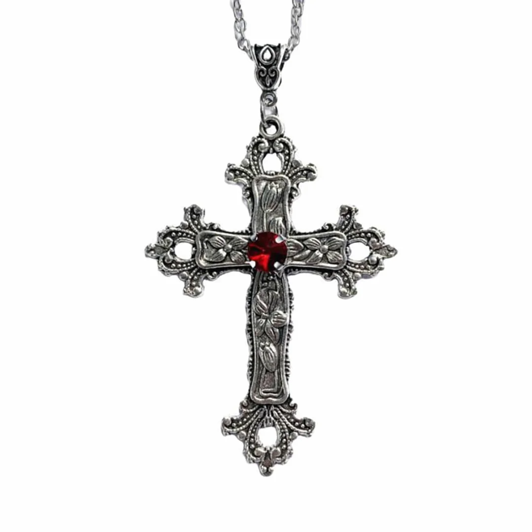 Gothic Srebrny Vintage Krzyż Naszyjnik Duży Grawerowany Kwiat Krzyż Naszyjnik Naszyjnik Halloween Akcesoria dla kobiet i mężczyzn