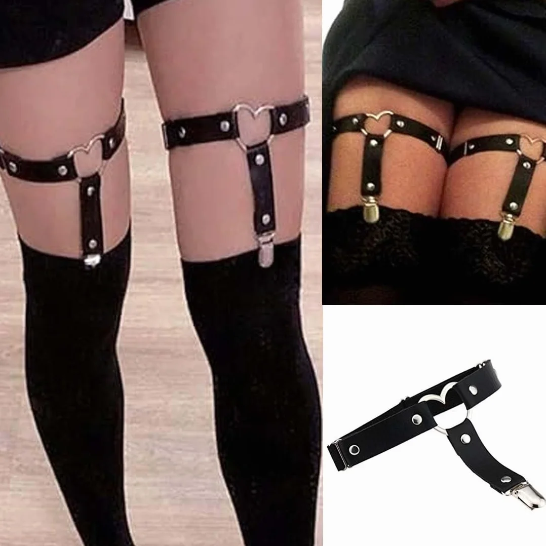 2 sztuki podwójnych podwiązek na nogę w stylu gotyckim z gumką punk, regulowane szelki do pończoch z 2 metalowymi klipsami (czarne, regulowane, antypoślizgowe, 2 sztuki