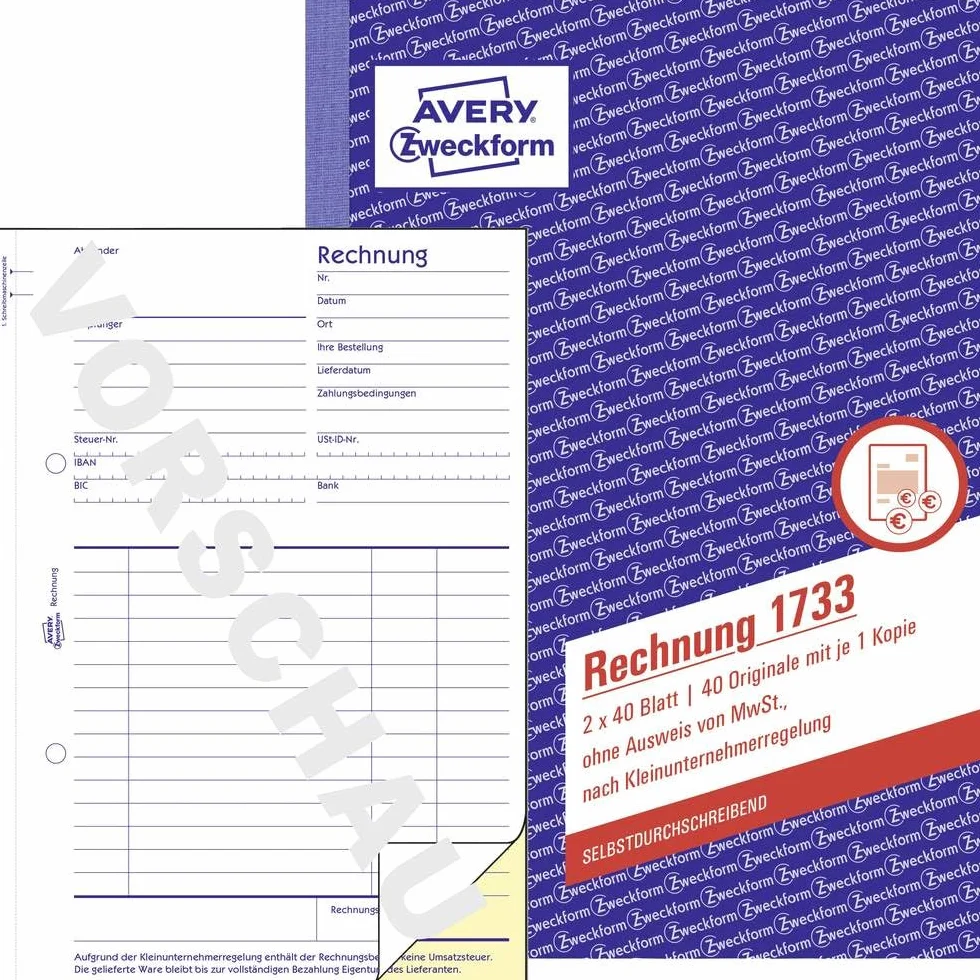 AVERY Zweckform 1733 rachunek dla małych przedsiębiorców (A5, 2 x 40 arkuszy, samokopiujący z kolorową kopertą, bez dowodu VAT, zgodnie z przepisami małych firm) biały/żółty