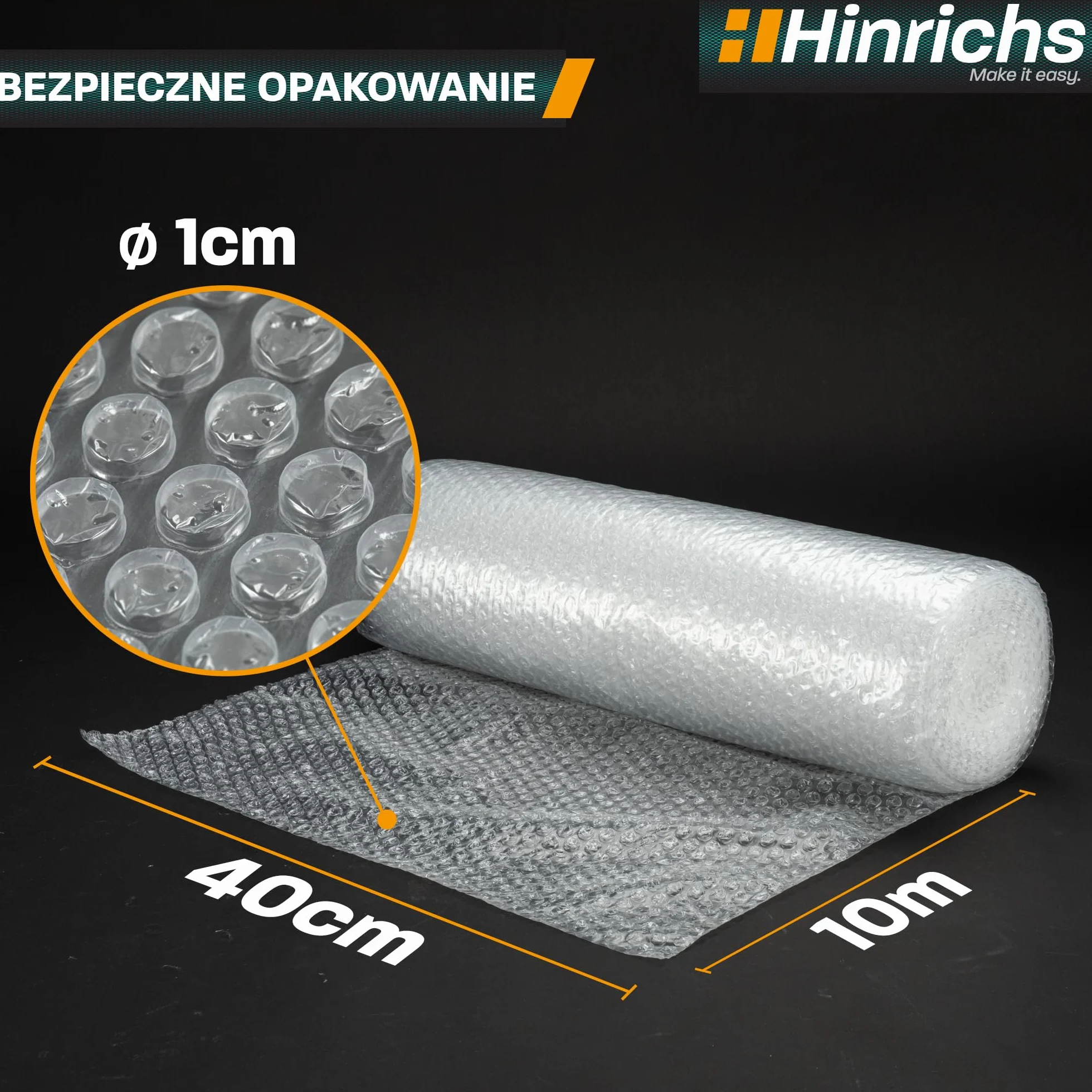 Hinrichs Folia Bąbelkowa w Rolce 10m x 40cm - Idealna do Wysyłki, Pakowania i Przenoszenia - Możliwość 100% Recyklingu - Folia Bąbelkowa jako Materiał Opakowaniowy - Materiał amortyzujący