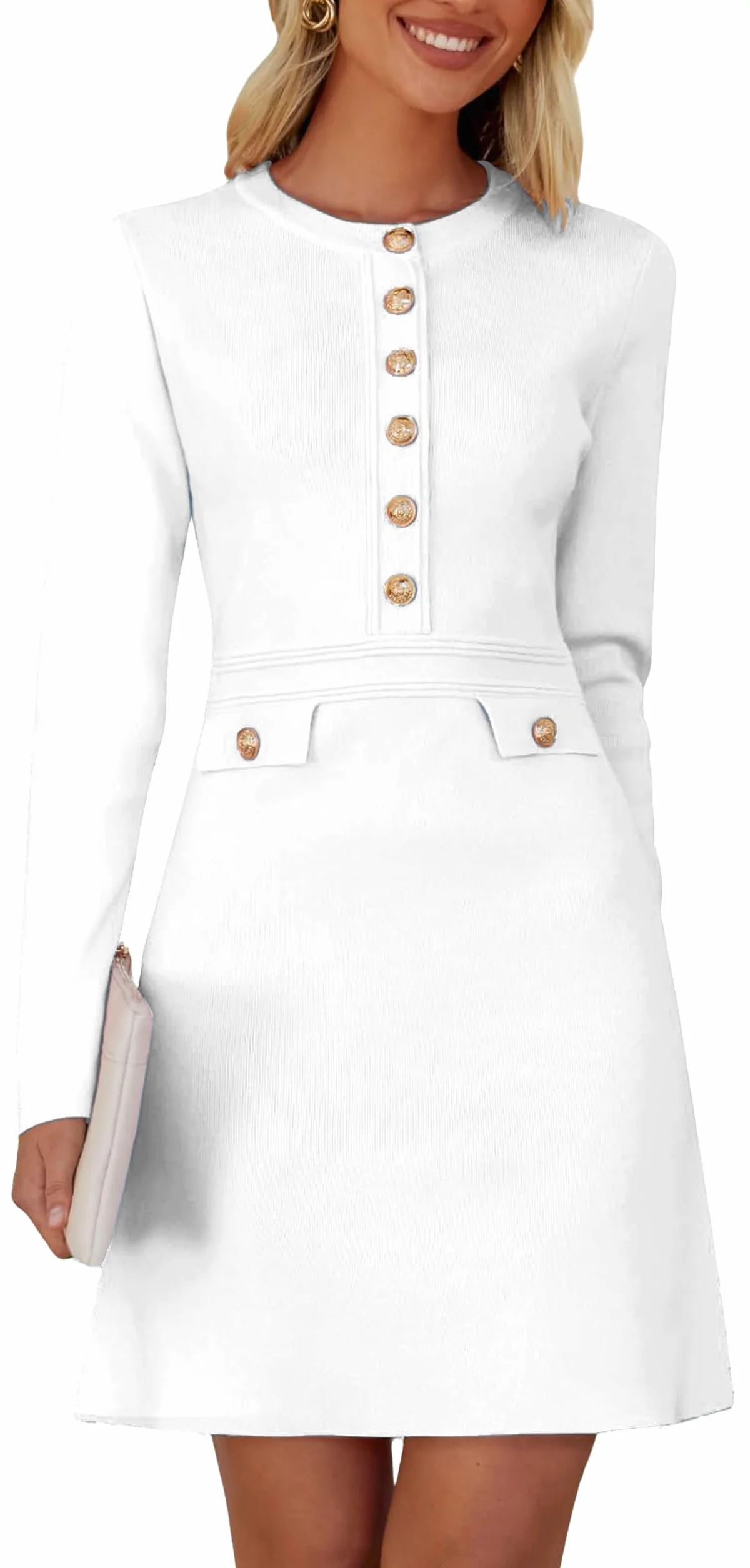 ELFIN Elegancka sukienka z dzianiny, styl vintage, guziki, biznesowa, na imprezę, okrągły dekolt, długi rękaw, dzianina, linia A, mini sukienka