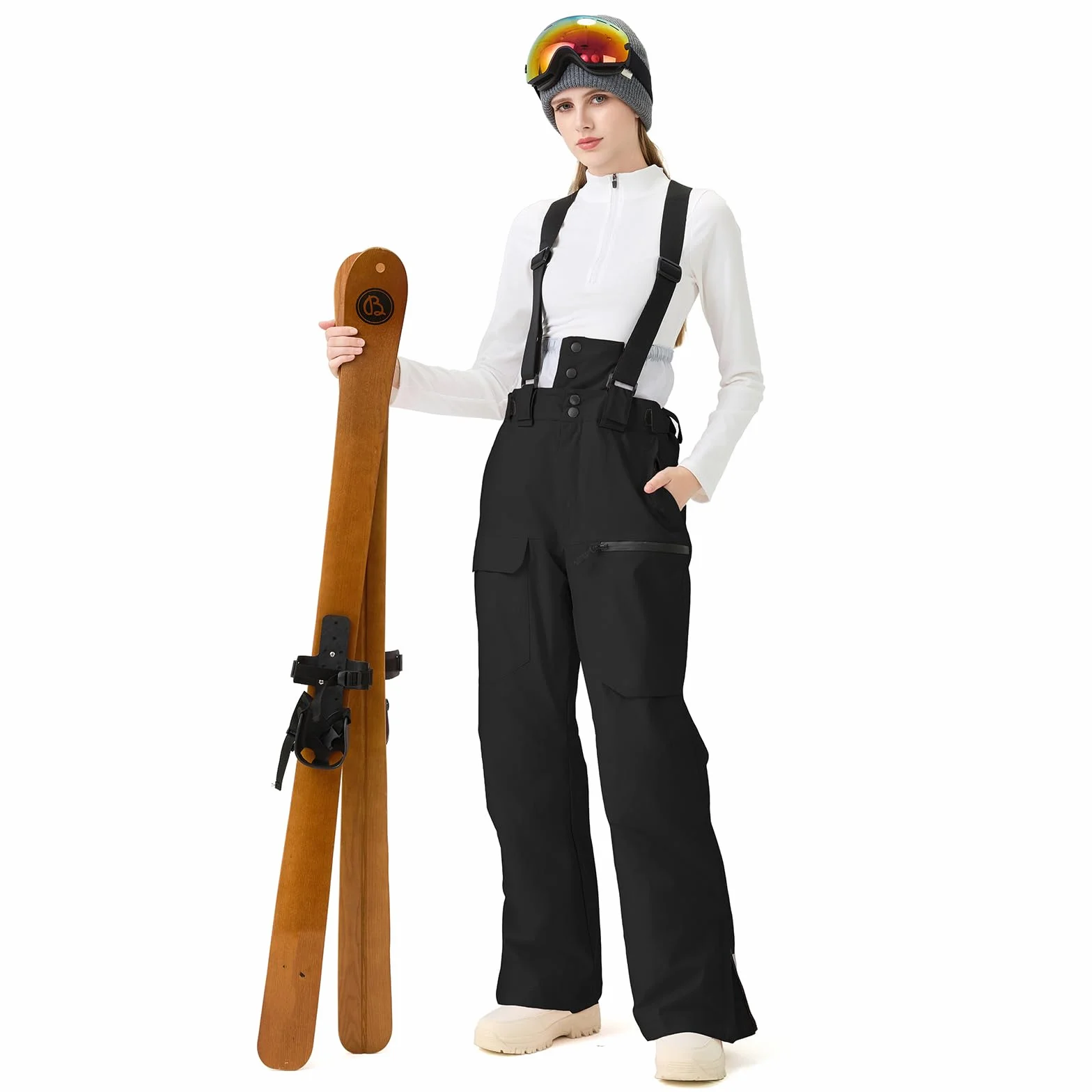 ALSOGO Damskie spodnie narciarskie, wodoszczelne, izolowane, zimowe, snowboardowe, regulowane szelki, spodnie śniegowe, wiatroszczelne, ciepłe spodnie outdoorowe