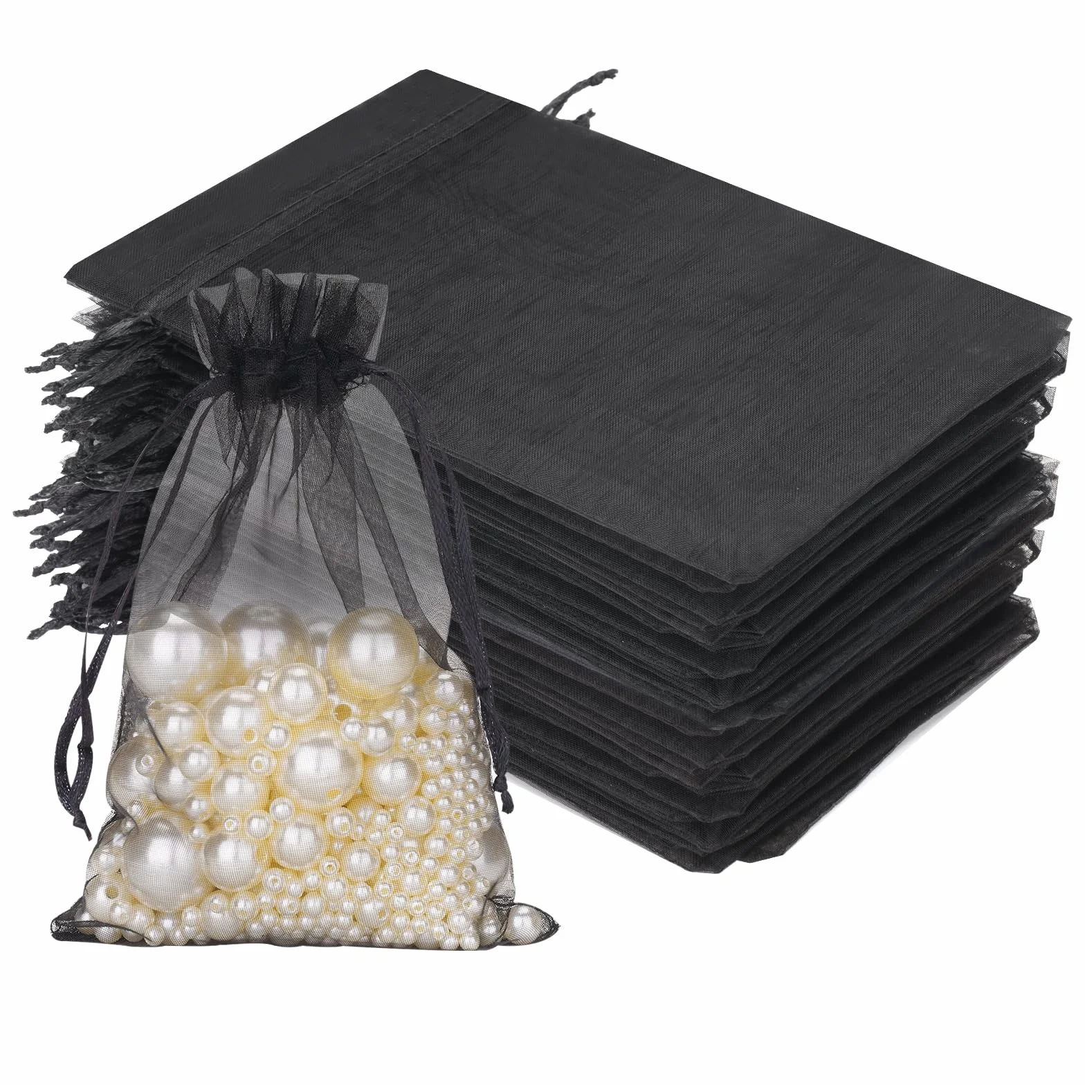 jijAcraft Woreczki z organzy ślubne czarne woreczki z organzy 10 x 15 cm, 50 sztuk ze sznurkiem, na słodycze, na biżuterię, torebki na prezenty weselne