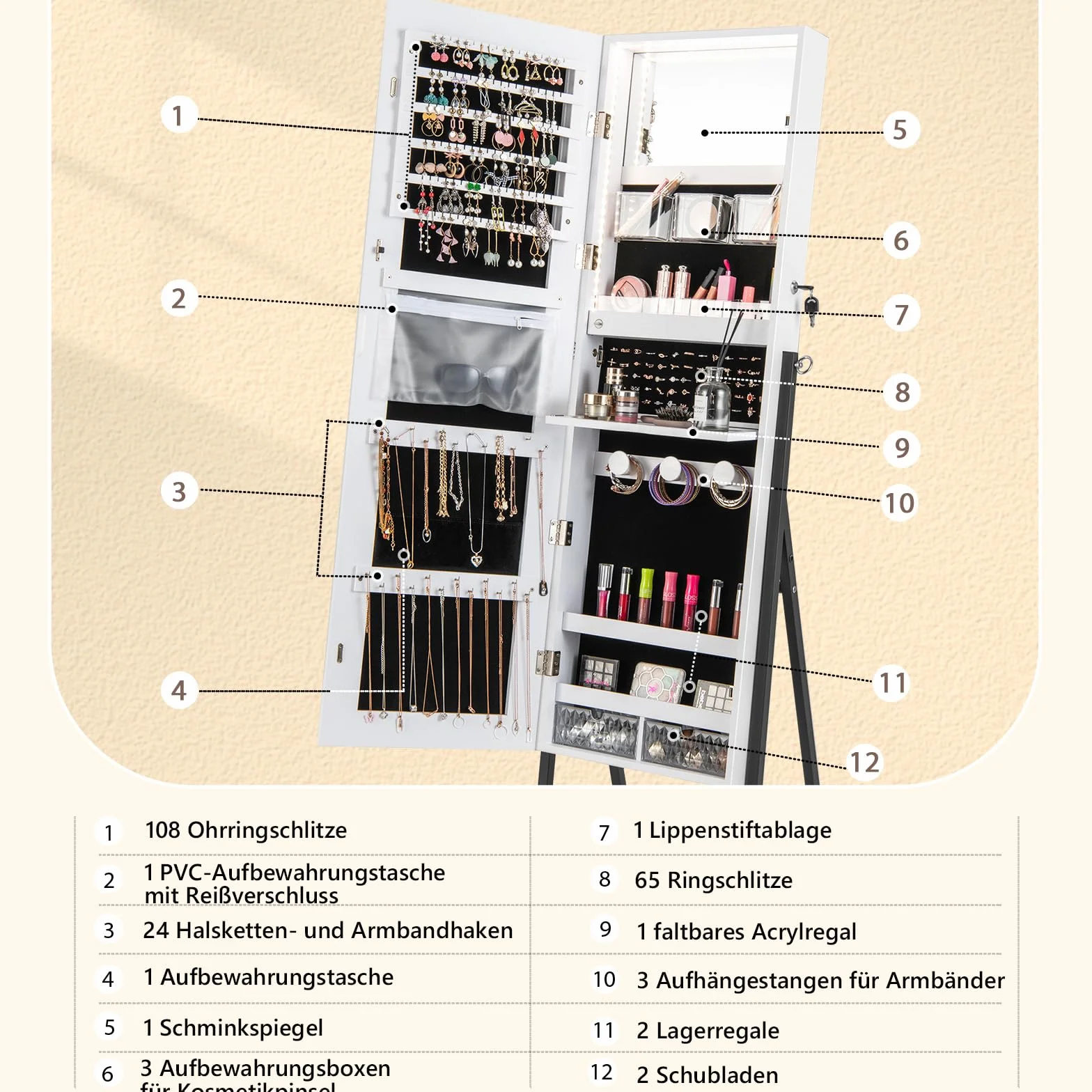 COSTWAY Szafka na biżuterię z lustrem, szafka z lustrem na biżuterię z 3-kolorowym oświetleniem LED, zamykana, dodatkowa półka, 41,5 x 37 x 157 cm (biała)