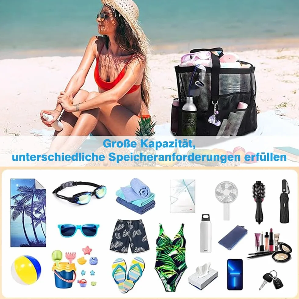 Siateczkowa torba plażowa XXL, torba plażowa z zamkiem błyskawicznym, duża torba kąpielowa, na plażę, podróż, piknik, czarna
