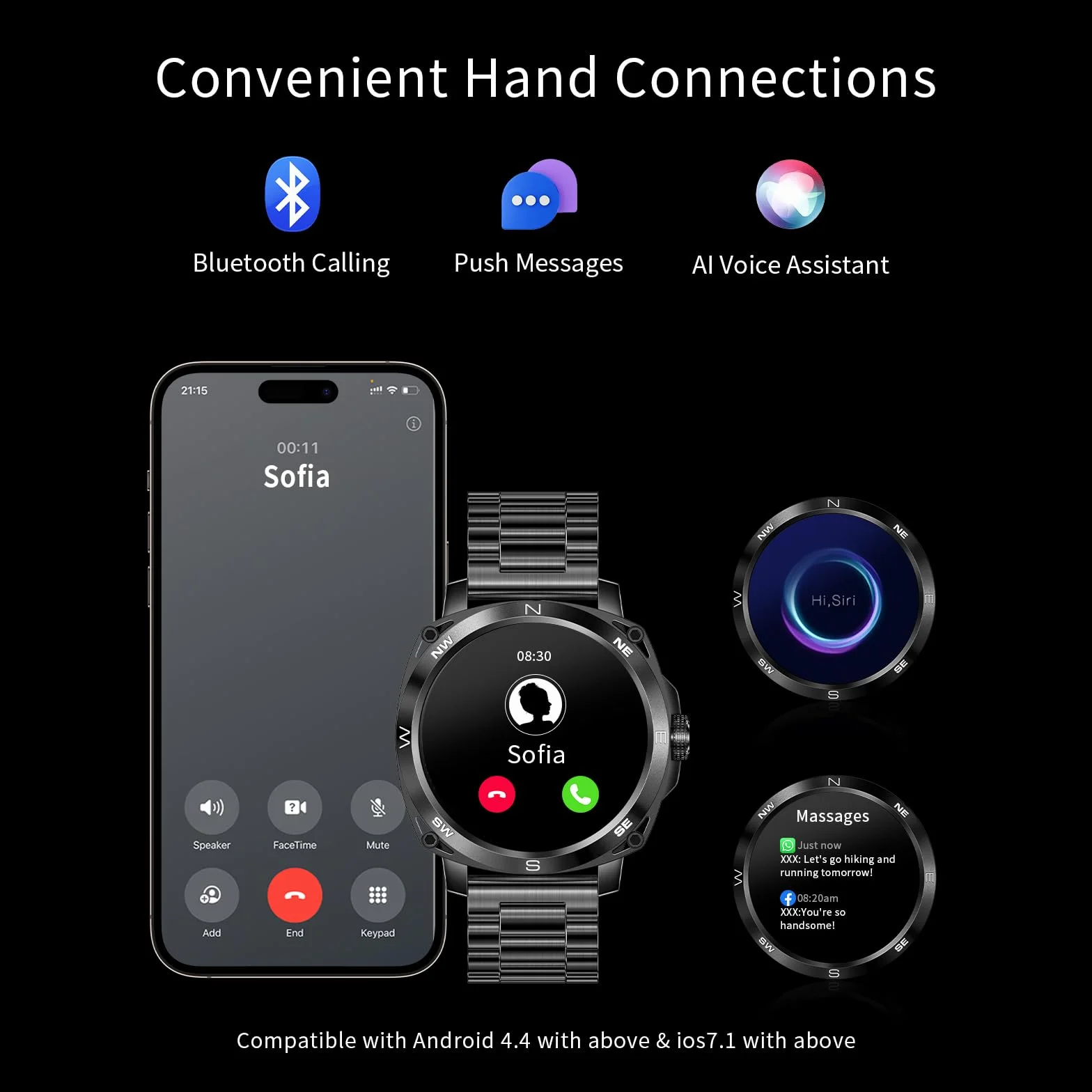 Smartwatch męski, okrągły zegarek, telefon, ekran dotykowy HD 1,5", wodoszczelność IP68, pomiar tętna, snu, zdrowotny, krokomierz, system