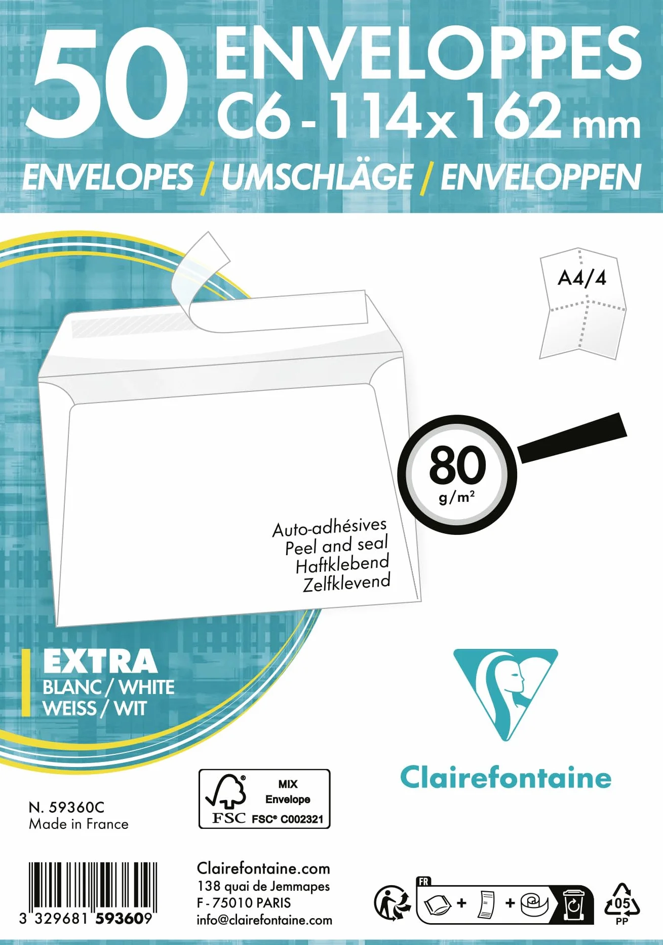 Clairefontaine 59360C – Zestaw 50 białych kopert C6-114x162mm – Samoprzylepne – 80g/m²