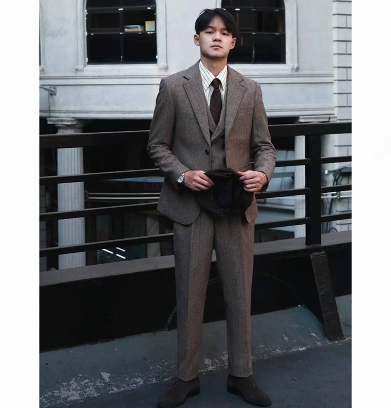 Tuikayoo Męski garnitur formalny tweed wełna w jodełkę, 3 sztuki, na wesele, slim fit, strój na studniówkę, smokingi dla świadków