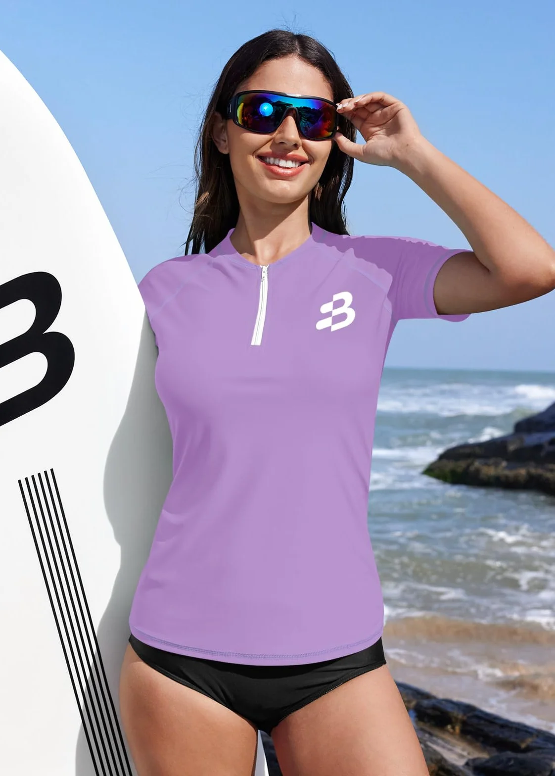 BesserBay Damska koszulka kąpielowa z dekoltem w serek, z krótkim rękawem, zamek błyskawiczny 1/4, ochrona przed promieniowaniem UV, nadruk Rash Guard Top