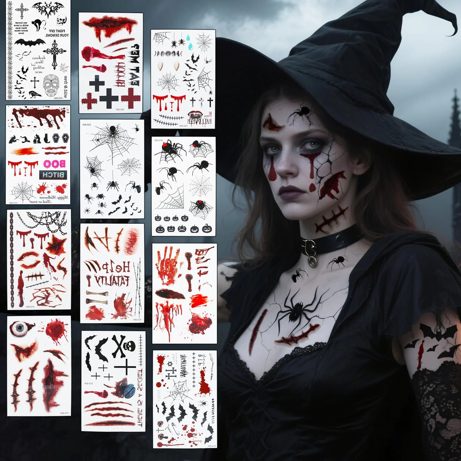 12 arkuszy tatuaży na Halloween, kostium dla kobiet i mężczyzn, tatuaż na twarz, blizny, rany, nietoperz, twarz, naklejki, tymczasowe tatuaże, akcesoria dla wampira, zombie, diabła, czarownicy