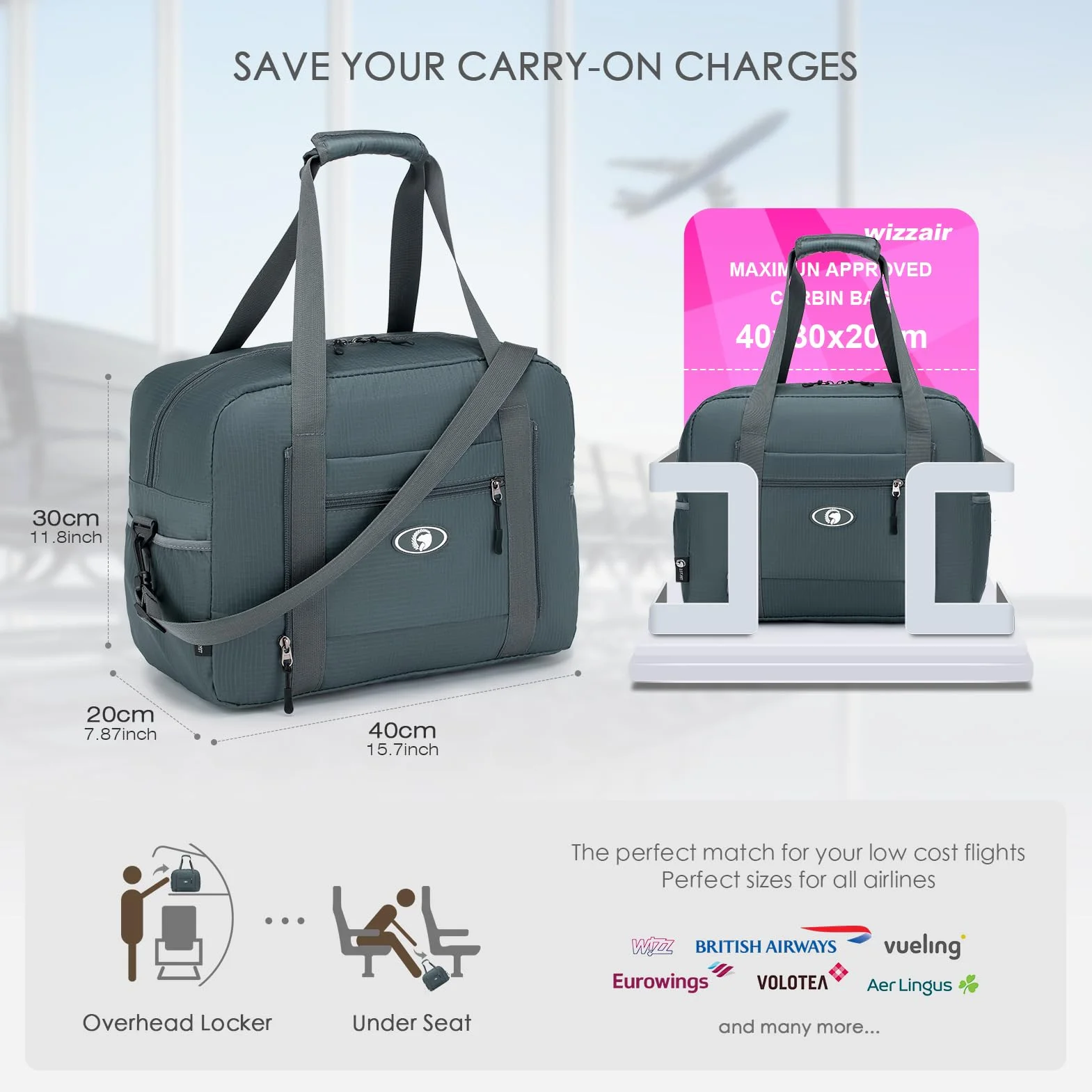 SPAHER 2X Torba Kabinowa 40x30x20 Wizzair Składana Torba Podróżna Wodoodporna Torba Kabinowa Pod Siedzeniem Lekka Torba Podręczna Walizka Torebka Bagaż Podręczny dla Kobiet i Mężczyzn 25L