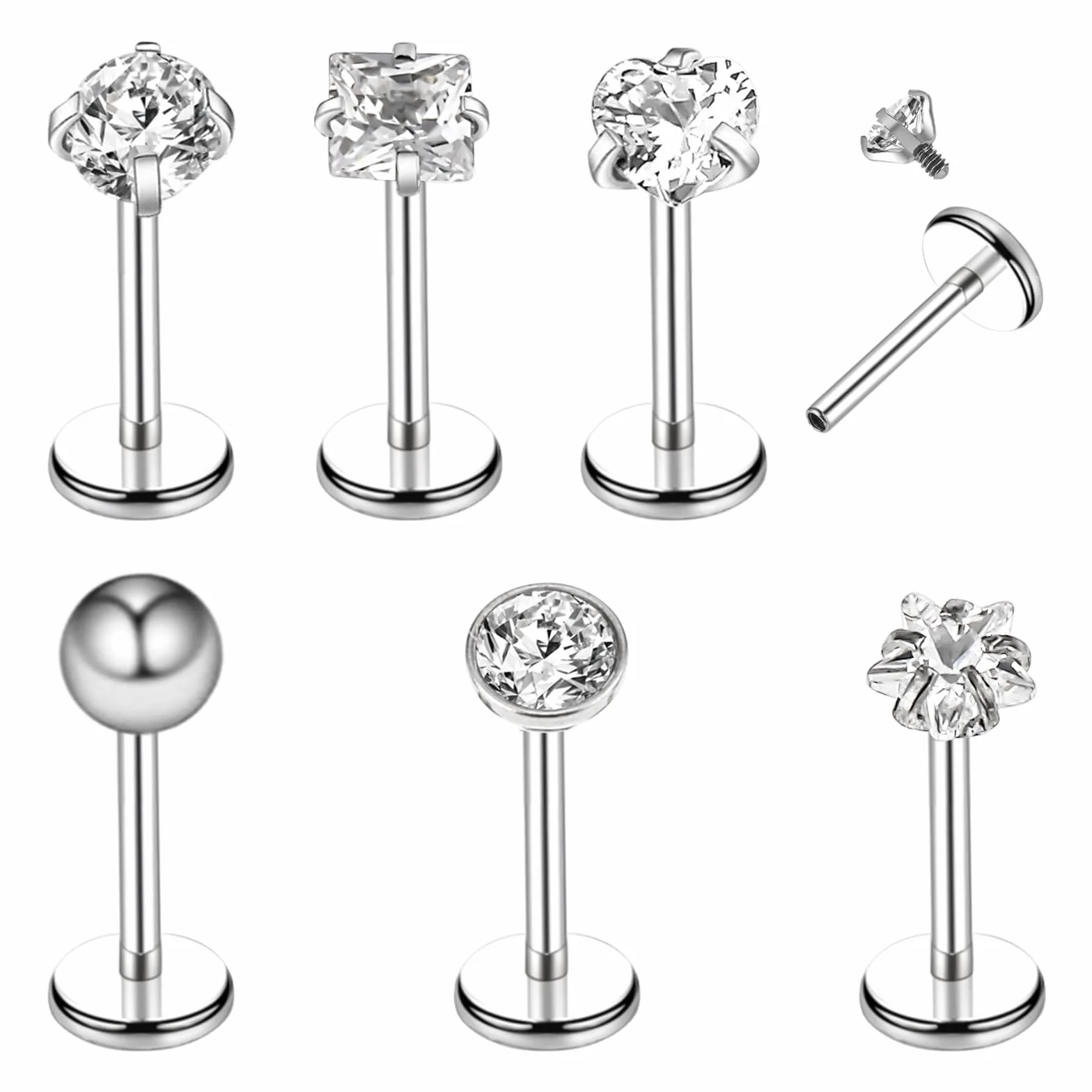 Tucnoeu 6 sztuk srebrnych kolczyków do wargi, tragus, piercing do uszu, helix, stal chirurgiczna, zestaw biżuterii 8mm pręt z cyrkonią, dla mężczyzn i kobiet, 15 cm, Metal, No Gemstone