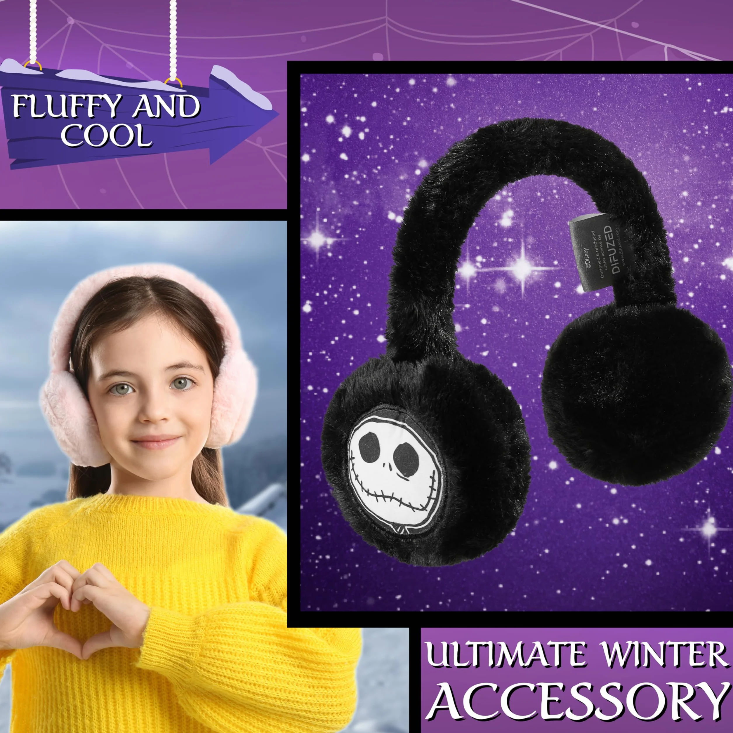 Disney The Nightmare Before Christmas dziewczęce puszyste nauszniki - prezenty dla niej, Czarny, Rozmiar uniwersalny