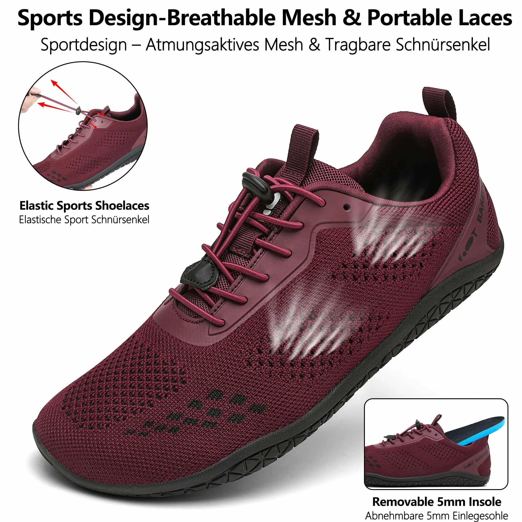 Geweo Buty Barefoot Męskie i Damskie Lekkie Wygodne Buty Sportowe Treningow z Szeroką Skrzynią na Palce Oddychające Buty do Biegania, do CrossFit z podeszwą Zero-Drop Unisex Burgund Czerwony 44EU